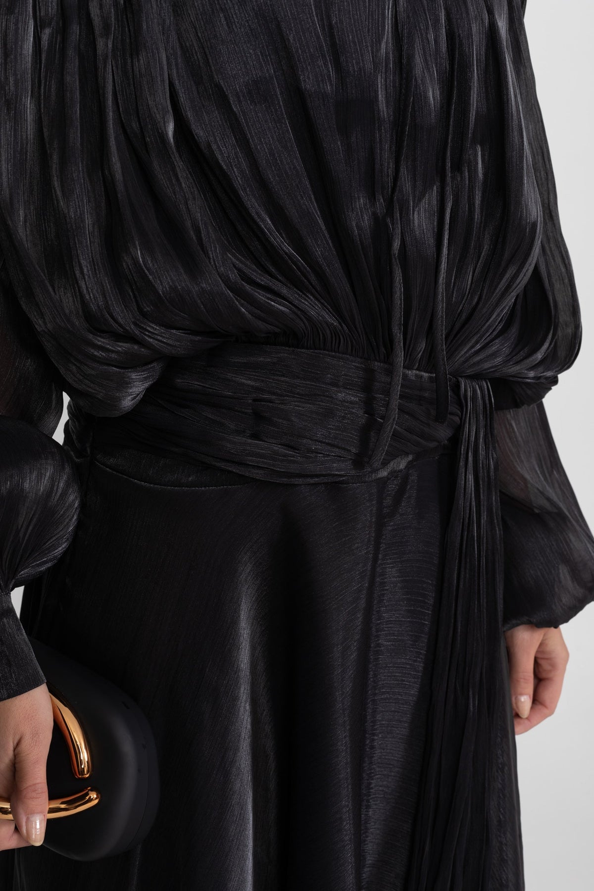 Pleated High Neck Tie Bishop Sleeve Sash Waist Tiered Ruffle Maxi Gown - View 4