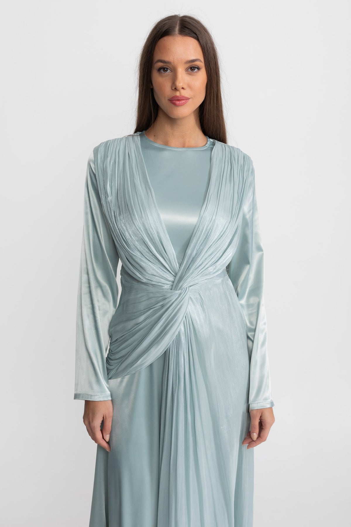Satin Midi Dress with Draped Overlay and Knot Detail - Teal - View 3