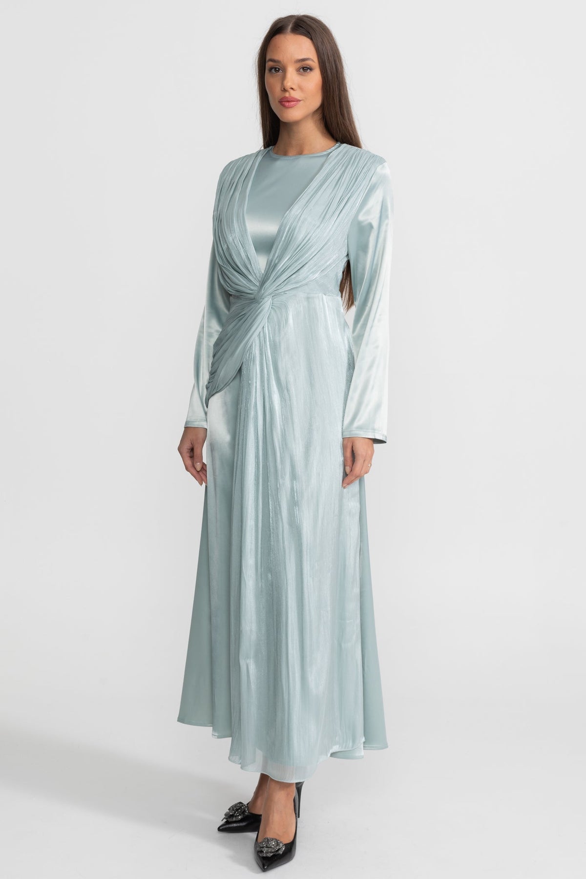 Satin Midi Dress with Draped Overlay and Knot Detail - Teal - View 4