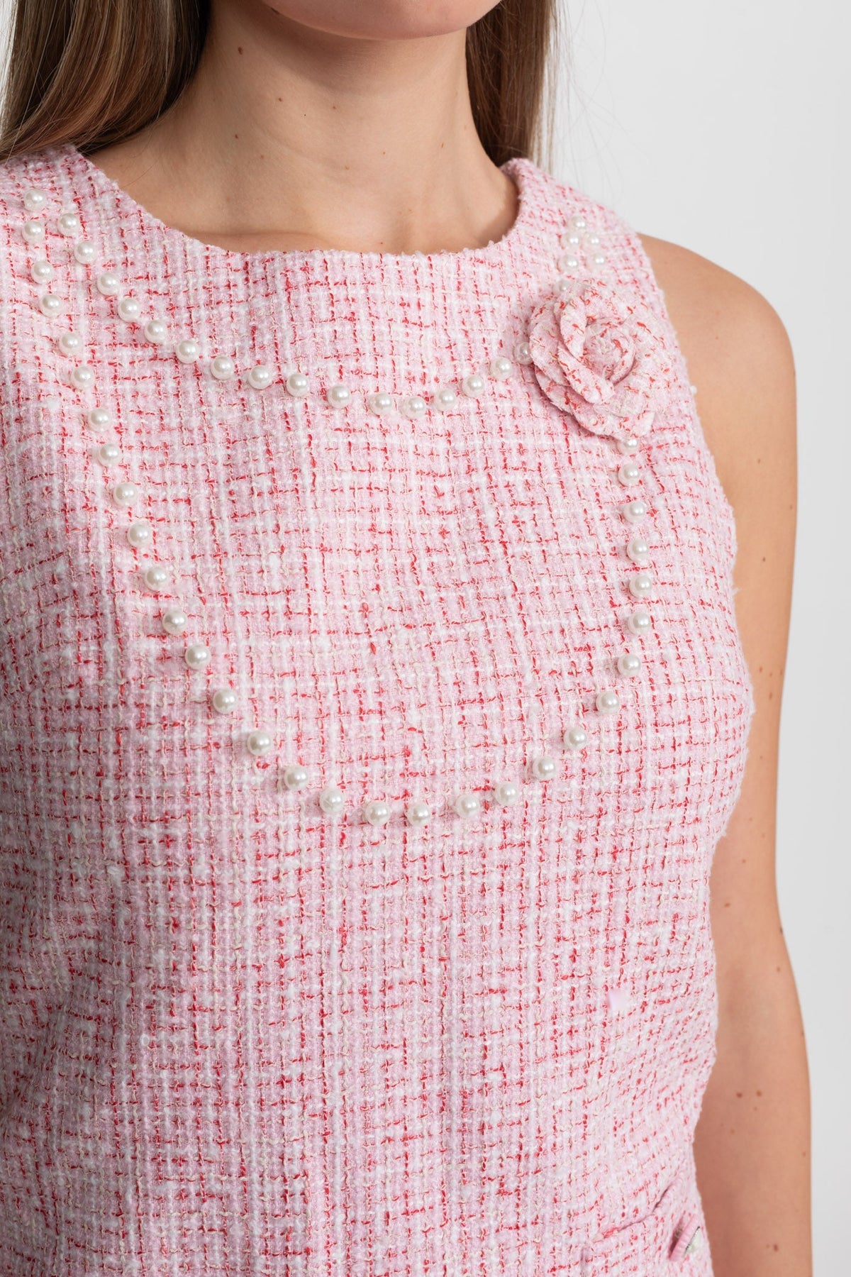 Sleeveless Tweed Pearl Trim Neckline Rosette Applique Mini Dress - View 5