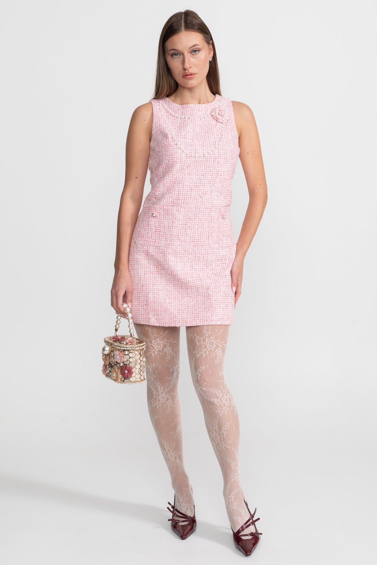 Sleeveless Tweed Pearl Trim Neckline Rosette Applique Mini Dress - View 3