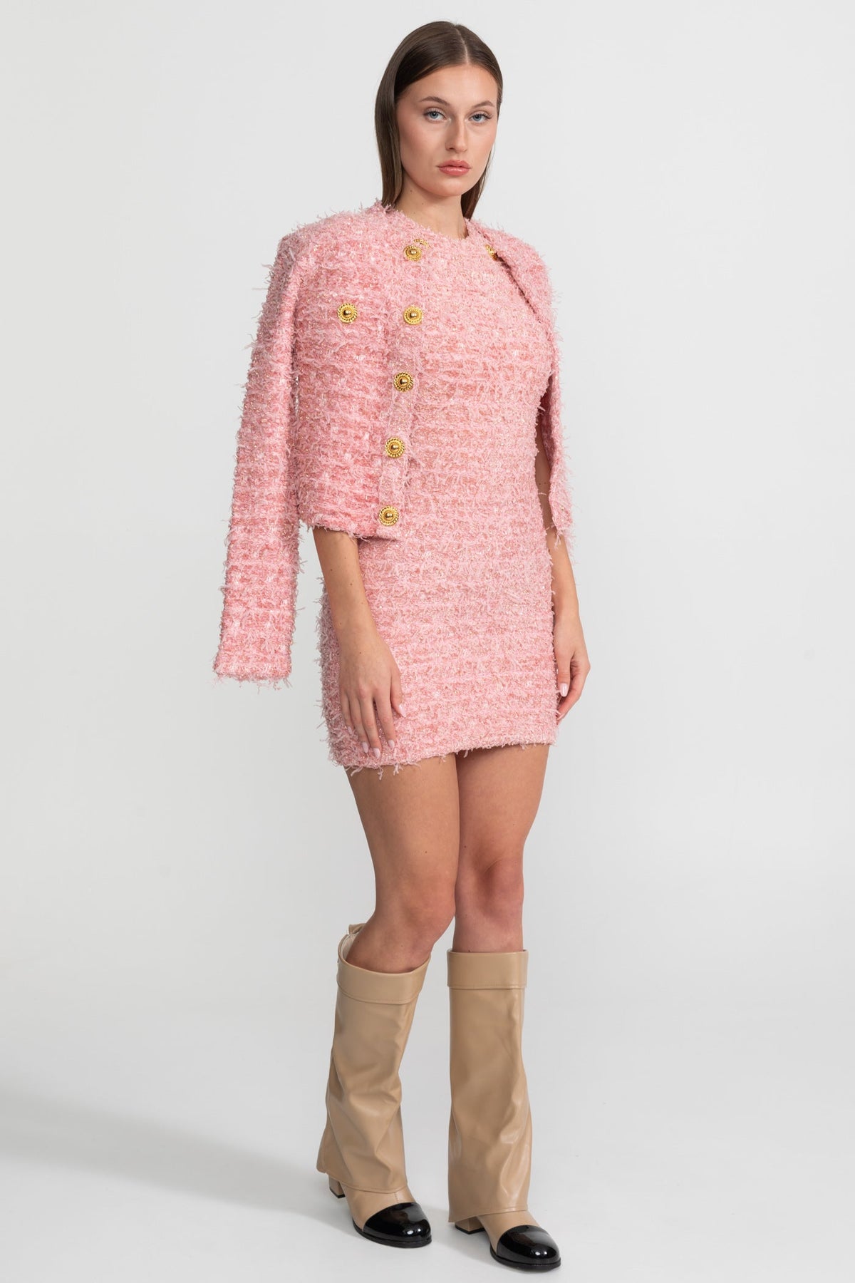 Tweed Crew Neck Cap Sleeve Metallic Button Bodycon Mini Dress - View 3