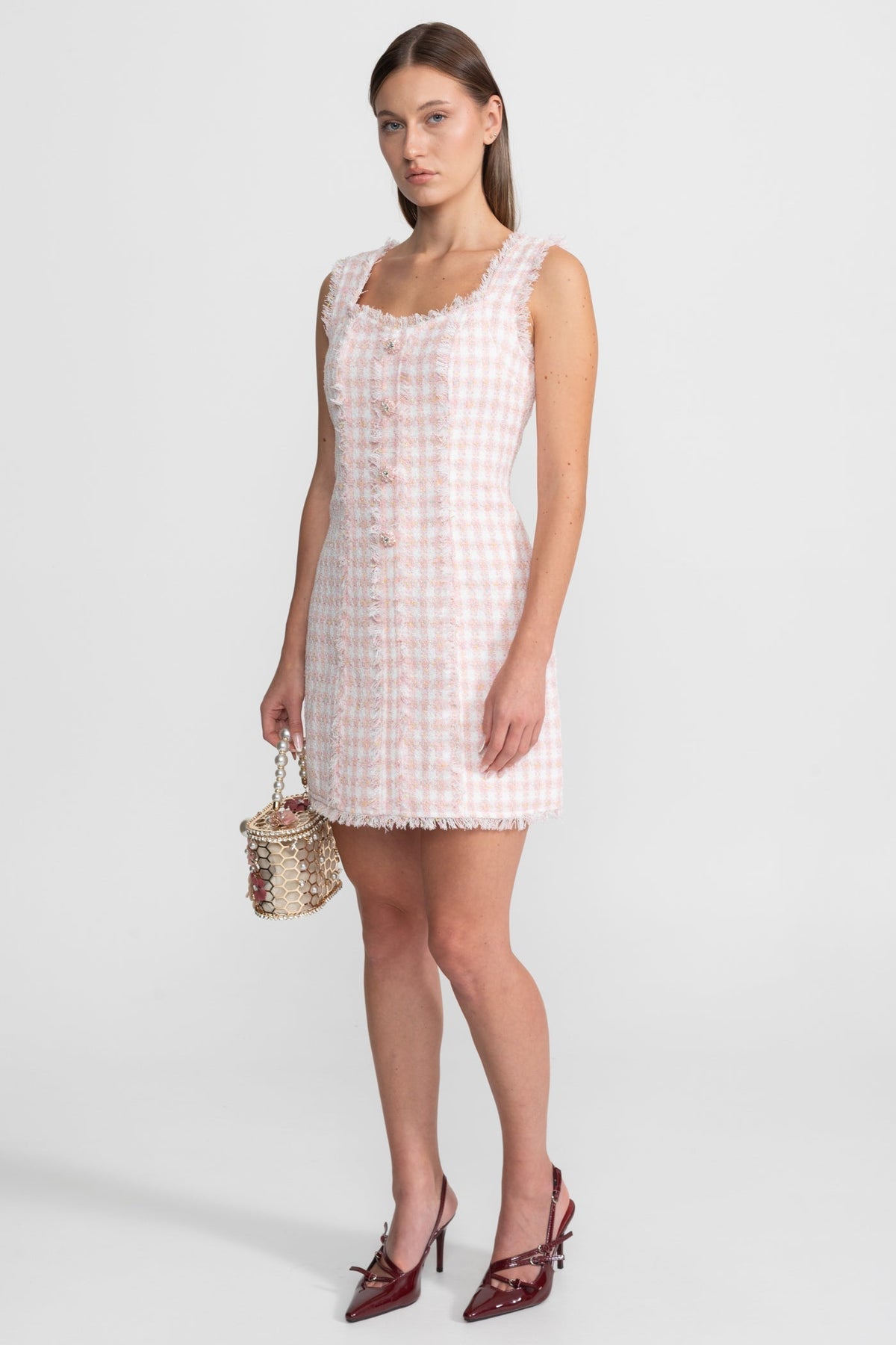 Sleeveless Square Neck Gingham Tweed Frayed Trim Pearl Mini Dress - View 2