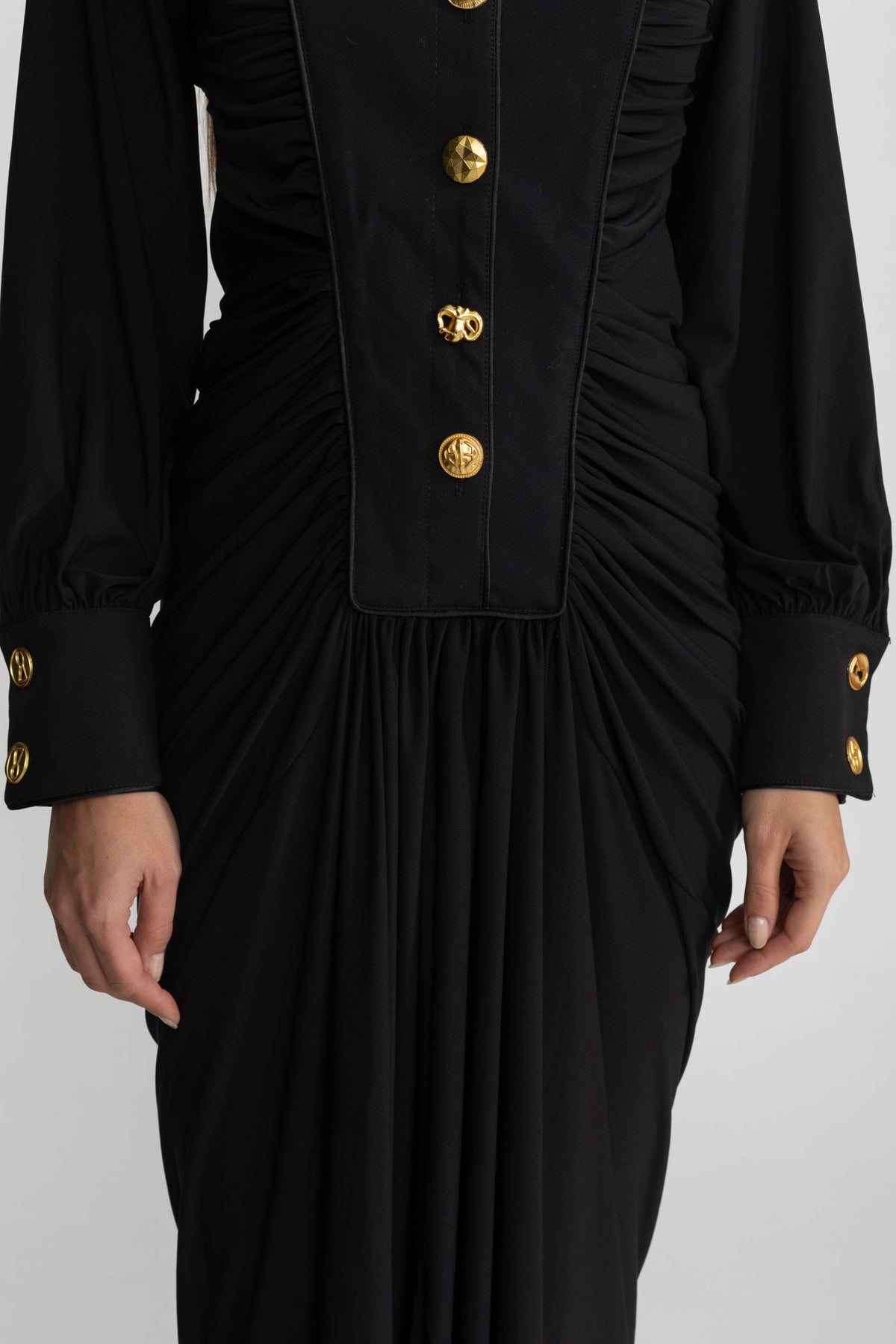 Ruched Maxi Gown Long Sleeve Mandarin Collar Metallic Button - View 7