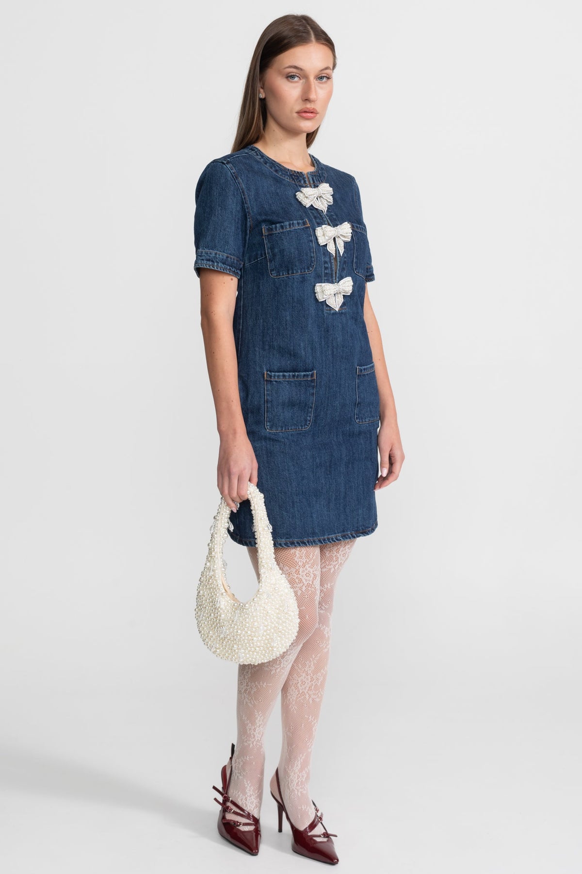 Denim Short Sleeve Glitter Bow Pocket Mini Dress - View 2