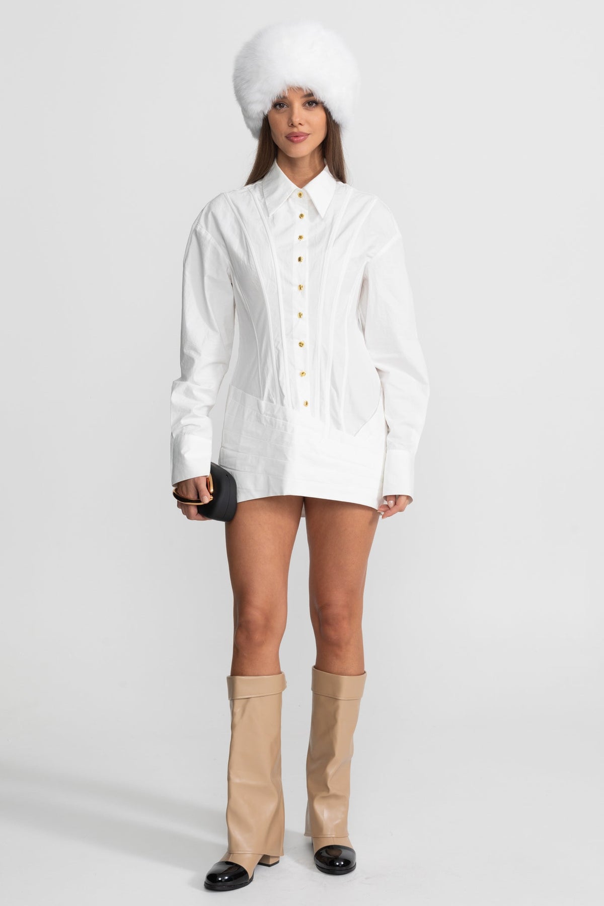 Structured Metallic Button Pintuck Long Sleeve Mini Shirt Dress - View 3