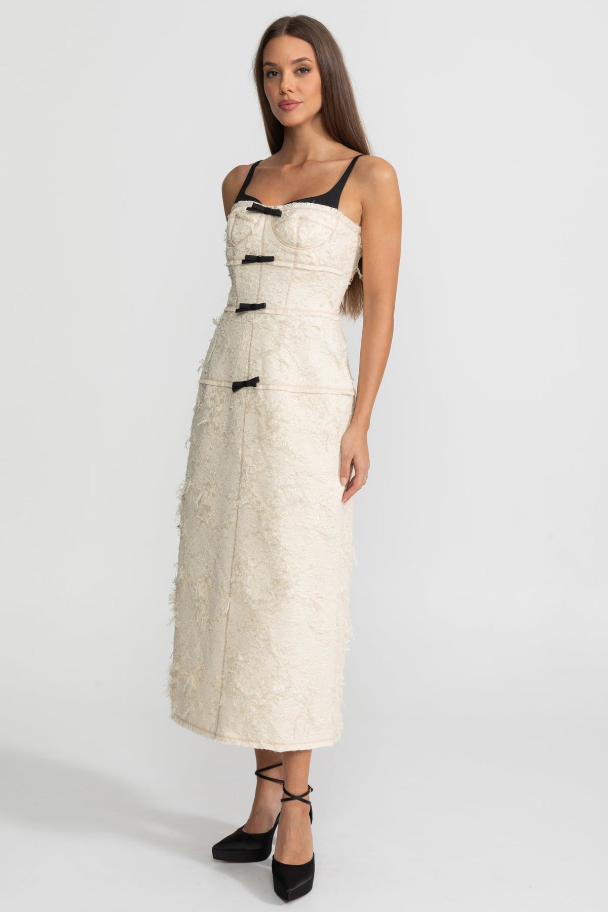 Tweed Sweetheart Layered Inner Bodice Beaded Strap Bow Midi Dress - View 5