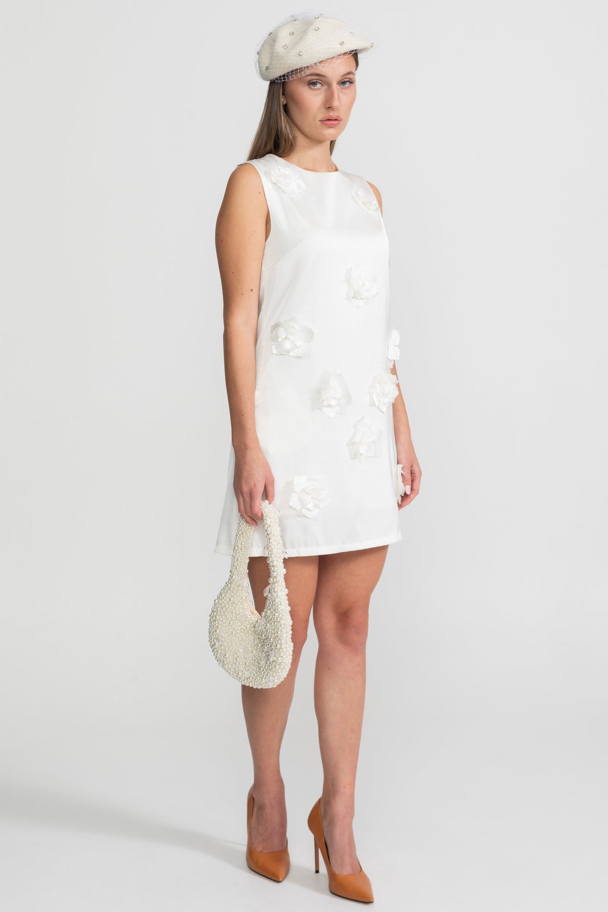 3D Floral Appliqué Mini Dress – White - View 4
