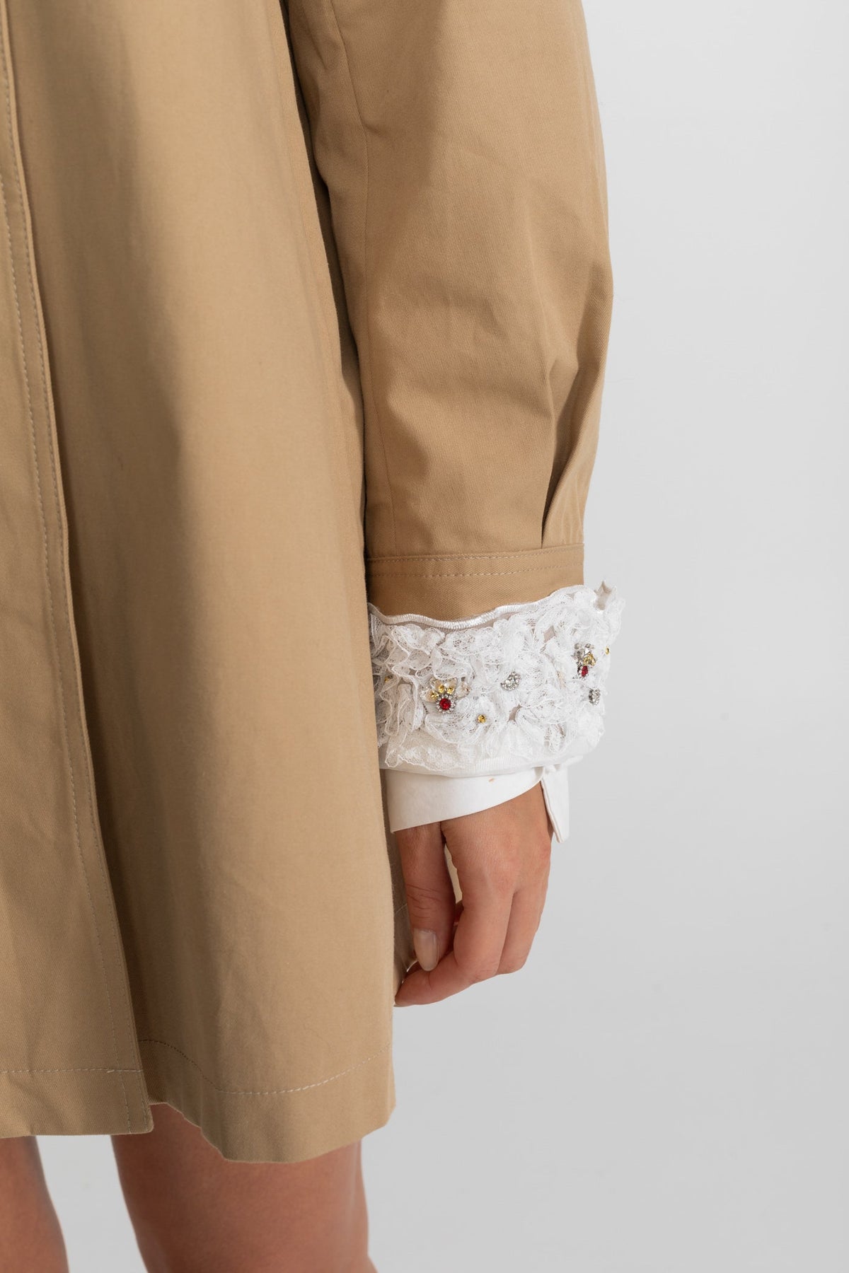 A-Line Trench Mini Dress With Embroidered Collar – Camel - View 5