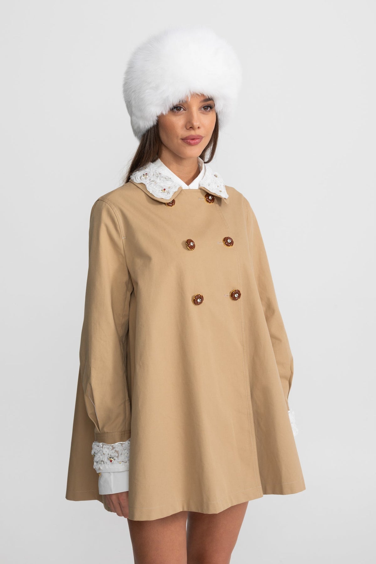 A-Line Trench Mini Dress With Embroidered Collar – Camel - View 7
