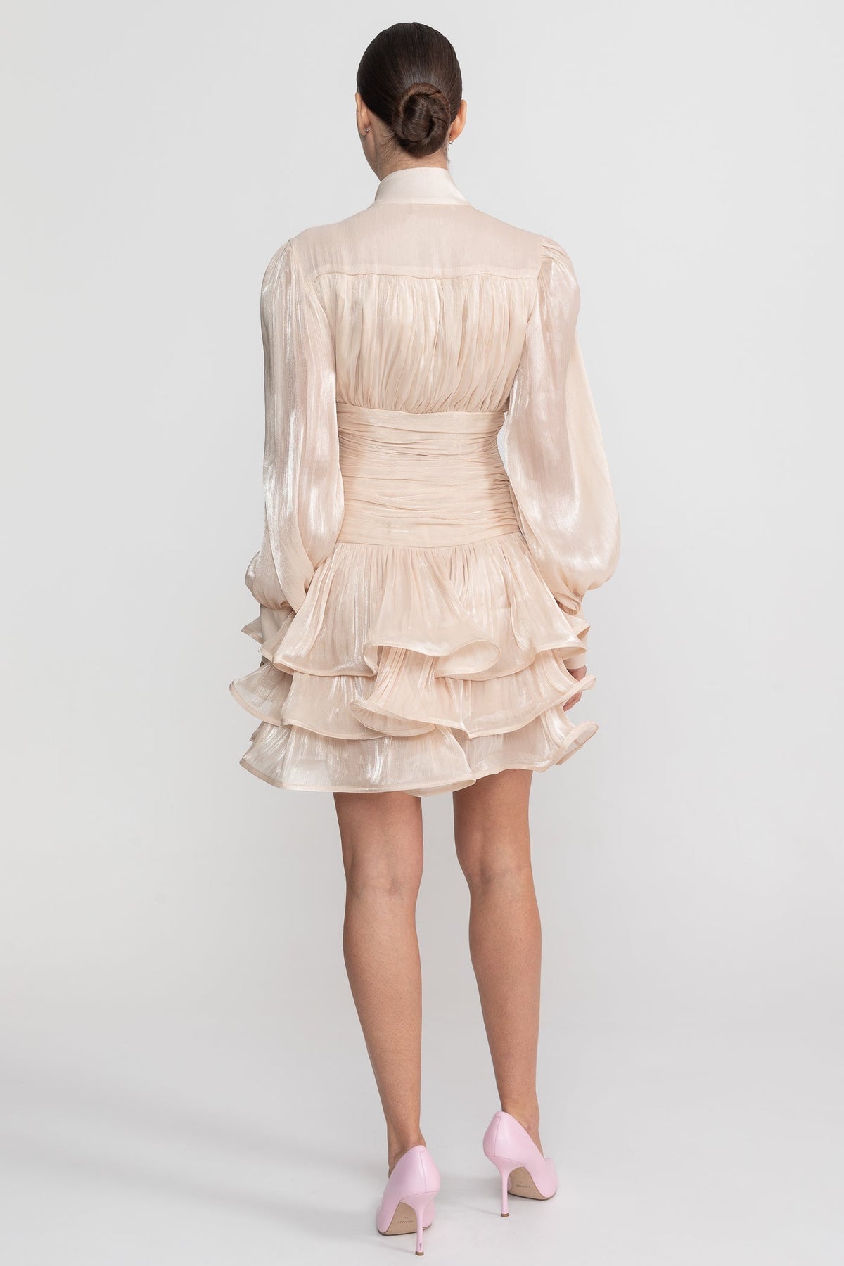 Draped Long Sleeve Mini Dress With Tiered Ruffle Skirt - Champagne - View 11