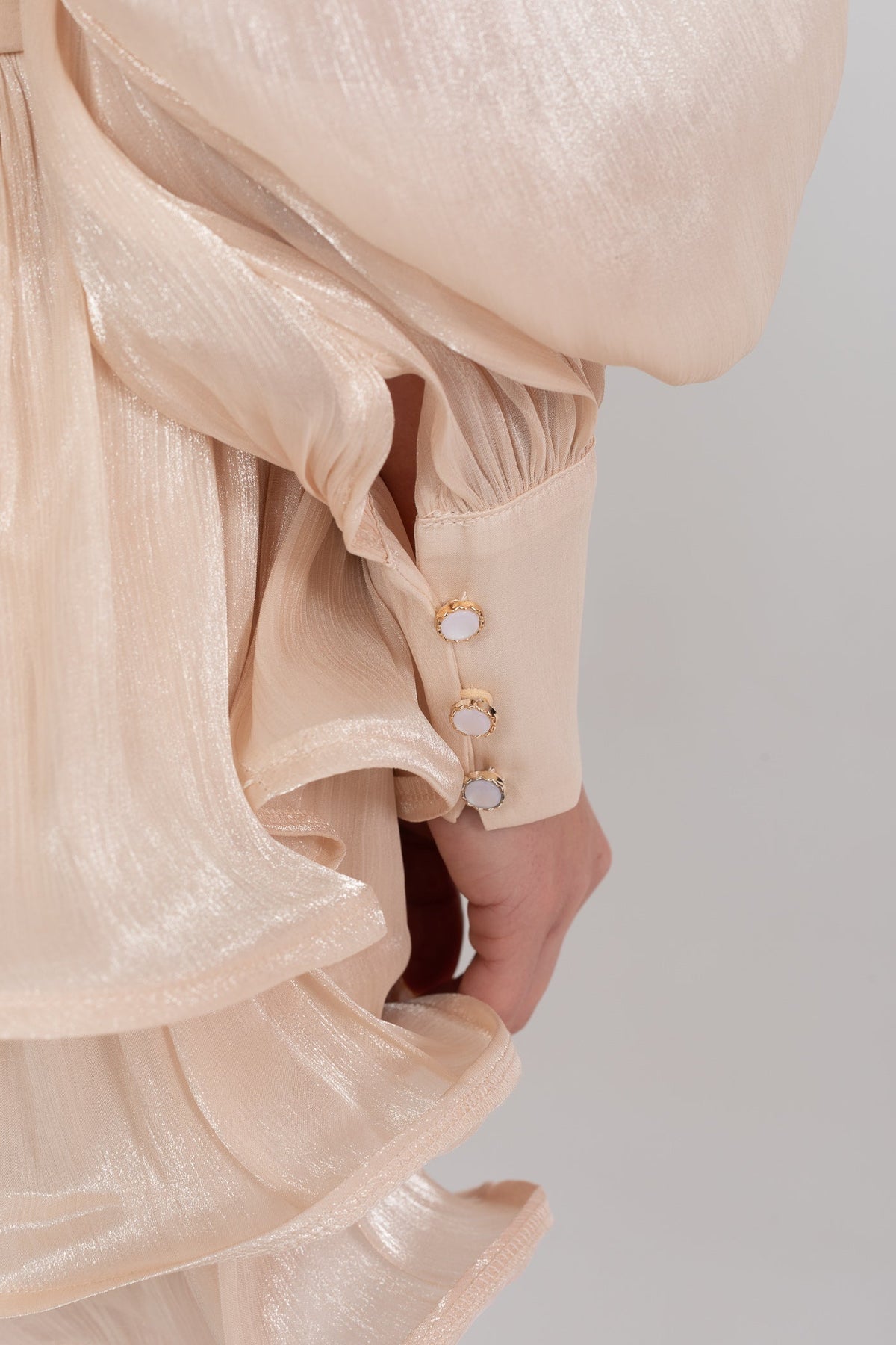 Draped Long Sleeve Mini Dress With Tiered Ruffle Skirt - Champagne - View 12