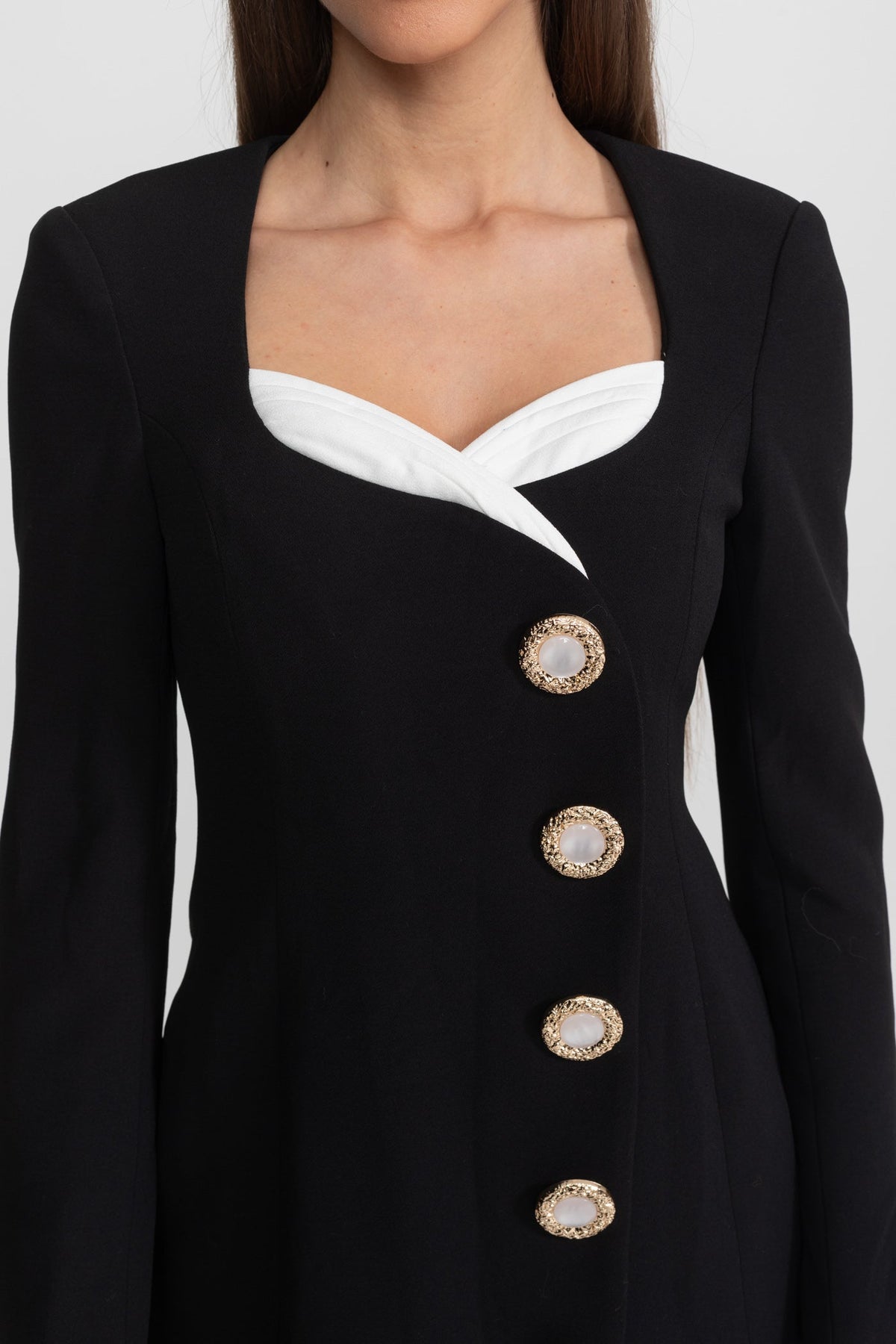 Contrast Bust Lapel Metallic Button Long Sleeve Tailored Mini Dress - View 5