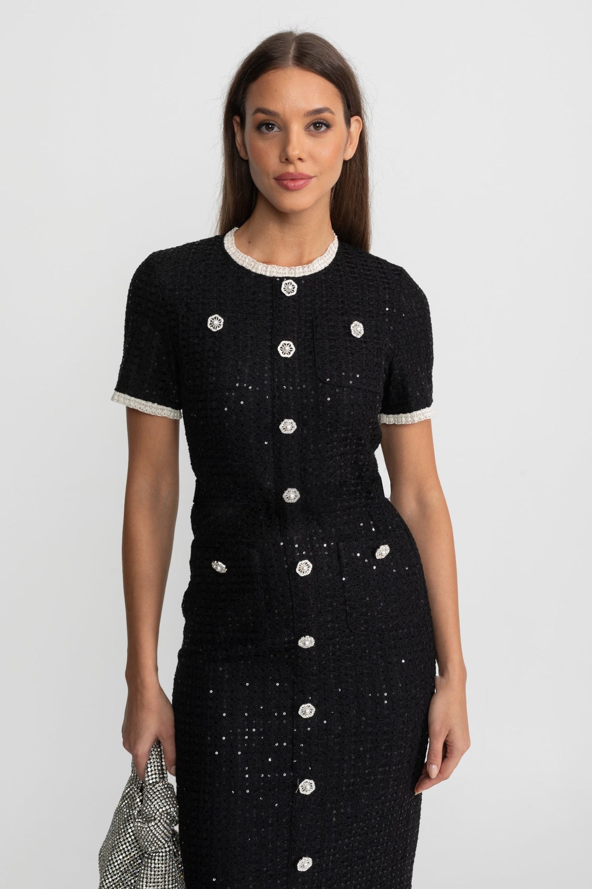 Sequin Midi Dress With Crystal Buttons and Lace Trim – Black - View 3
