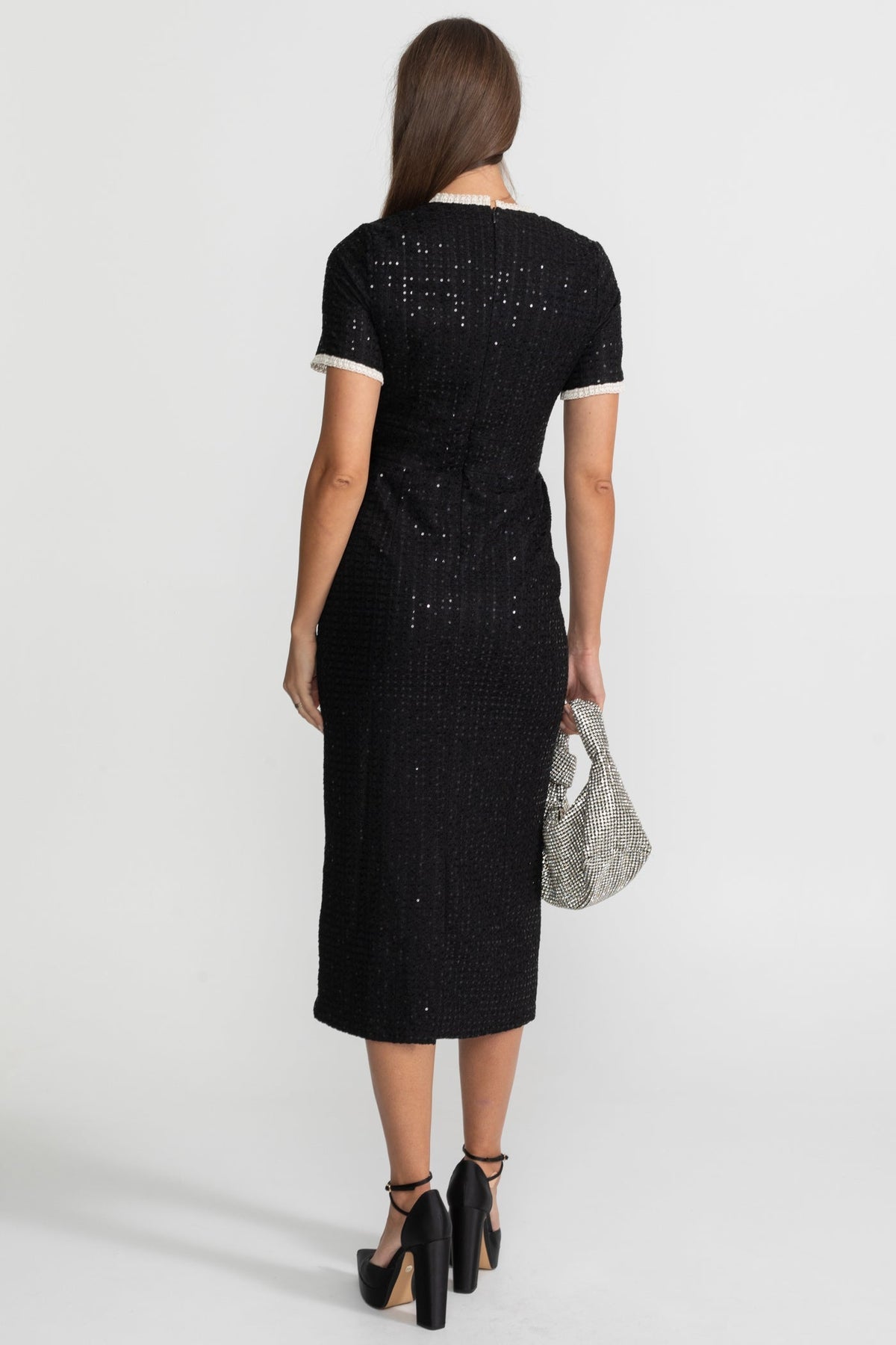Sequin Midi Dress With Crystal Buttons and Lace Trim – Black - View 6
