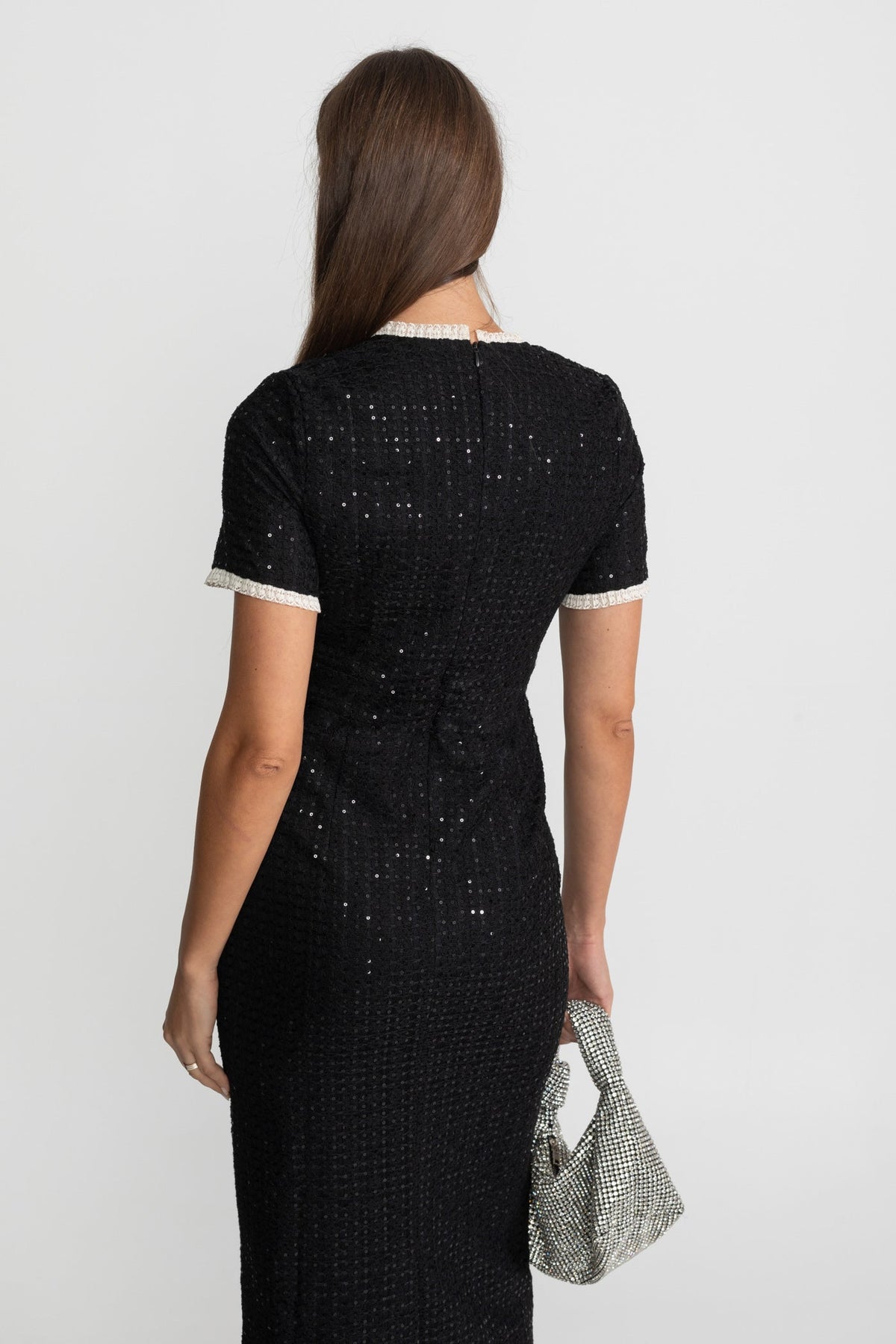Sequin Midi Dress With Crystal Buttons and Lace Trim – Black - View 7