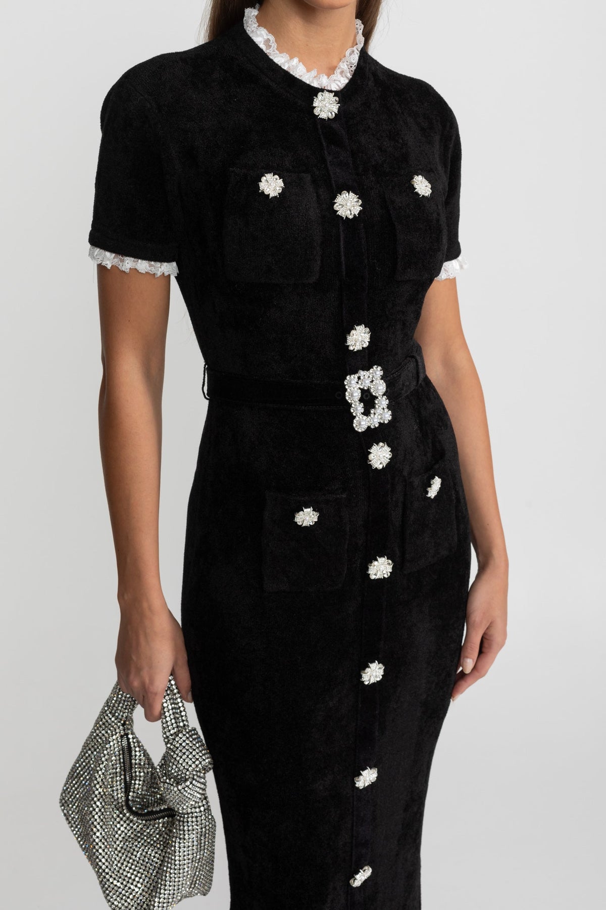Elegant Midi Dress With Crystal Buttons and Lace Trim – Black - View 7