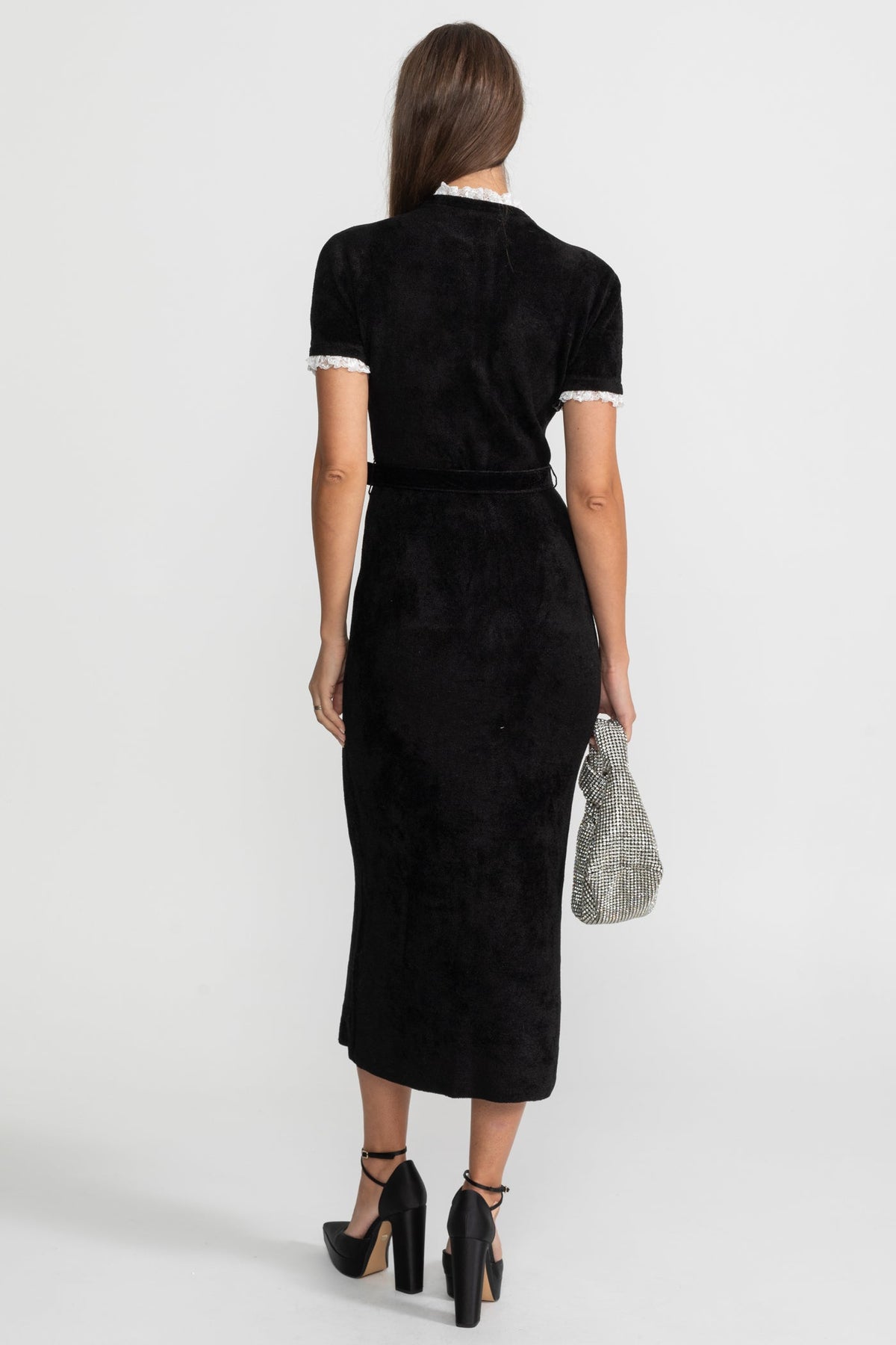 Elegant Midi Dress With Crystal Buttons and Lace Trim – Black - View 8