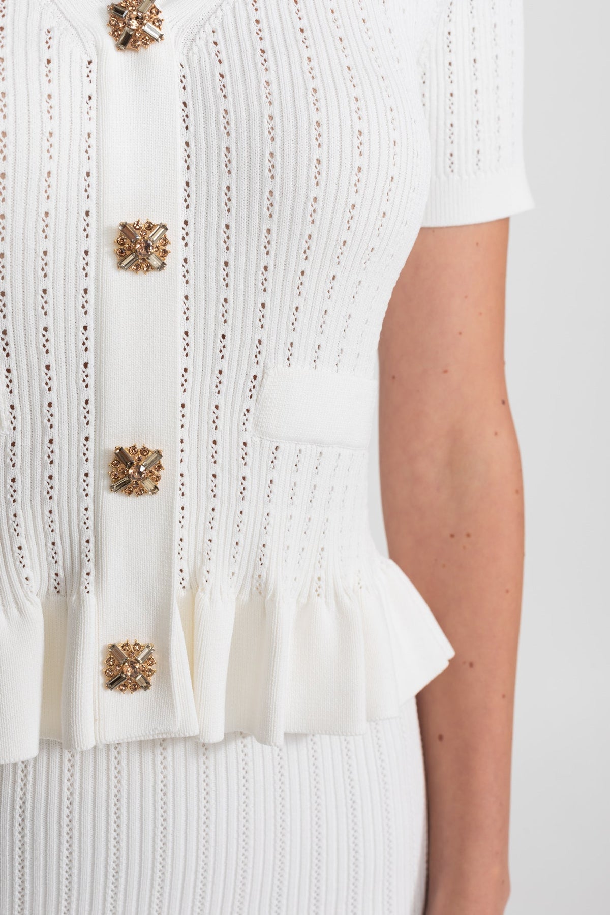 Knit Midi Co-Ord with Peplum Waist and Gold Buttons  – White - View 4