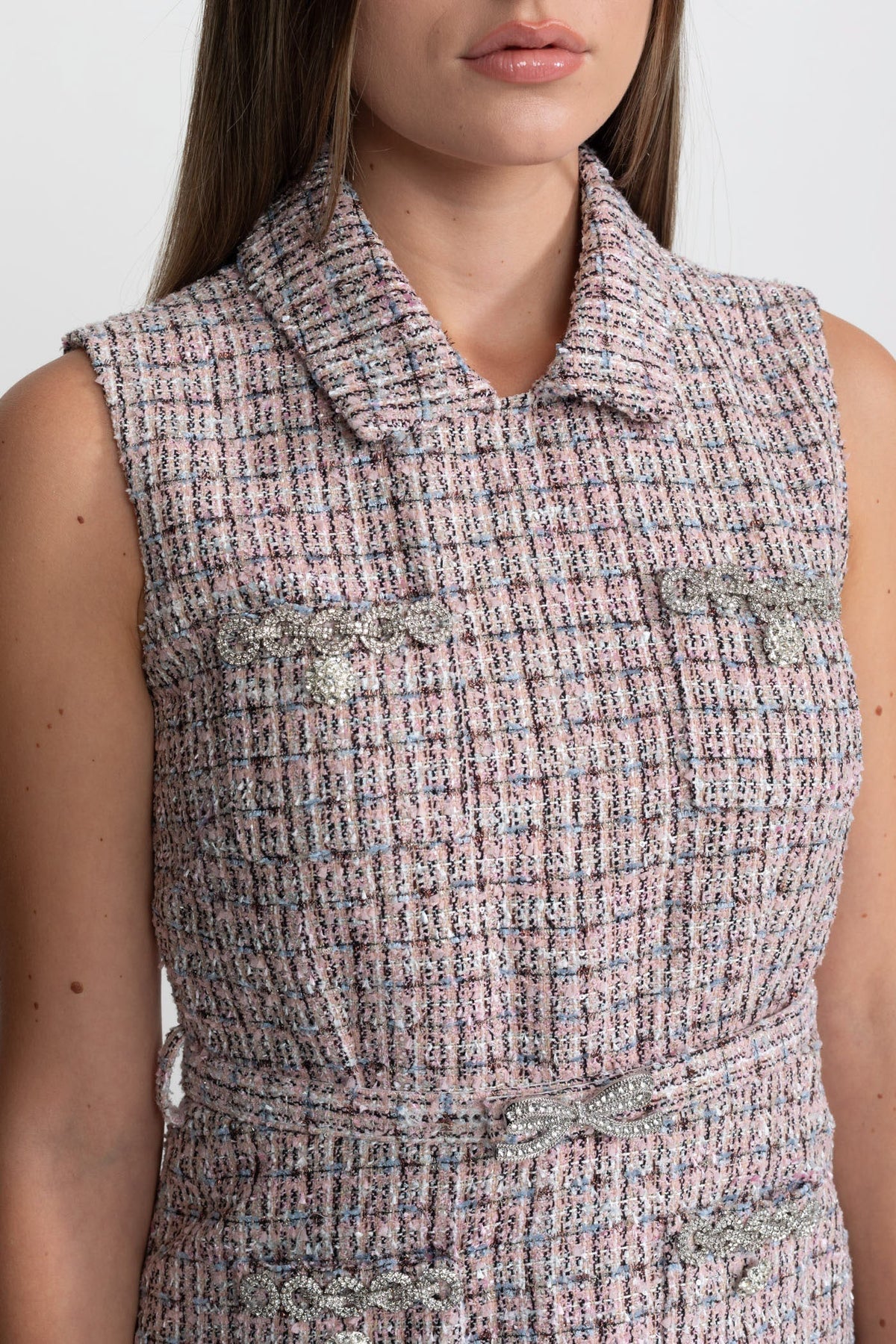 Tweed Mini Dress Collar Rhinestone Bow Belt Pleated Skirt - View 5
