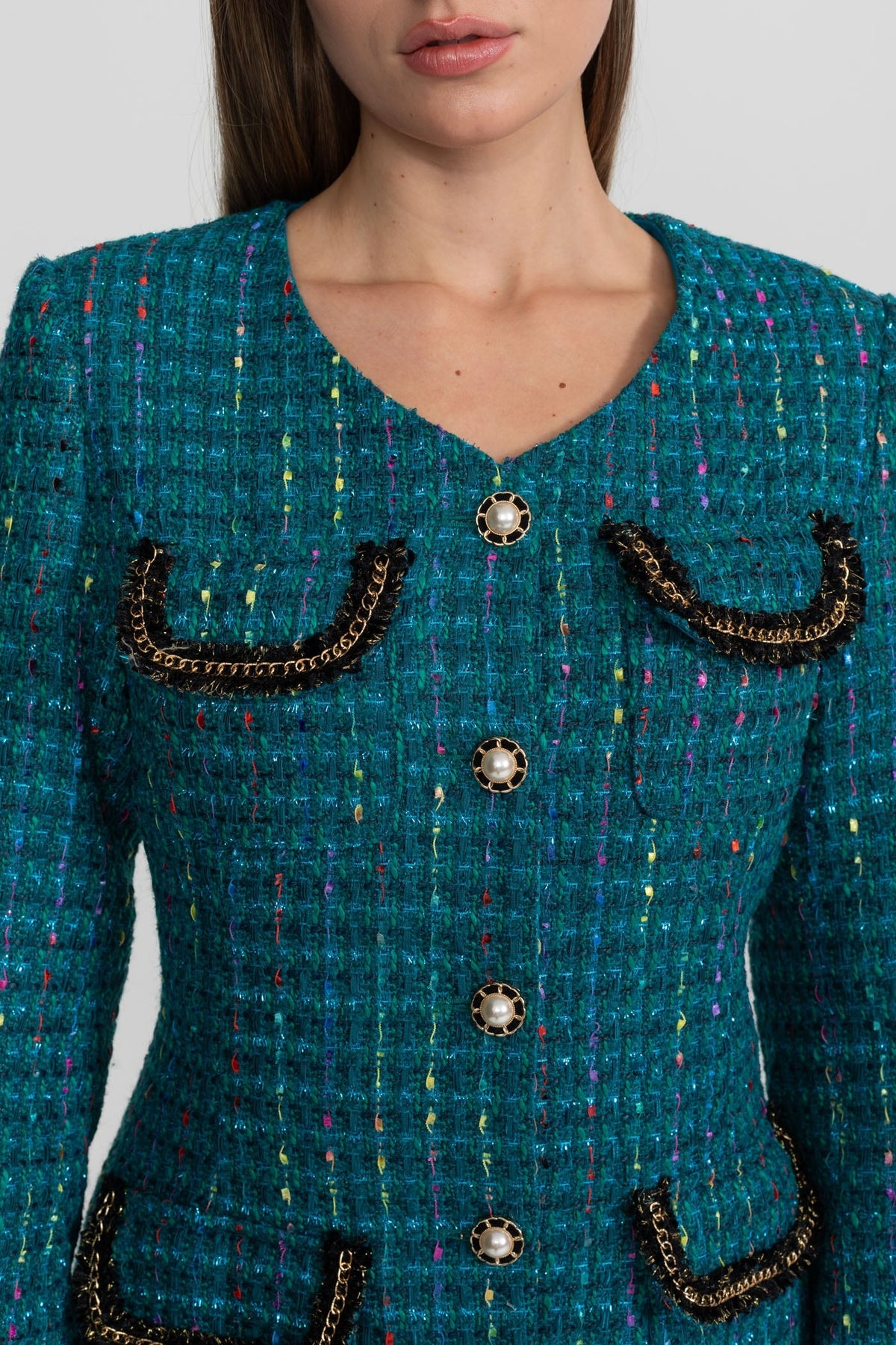 Embellished Tweed Collarless Long Sleeve Chain A-Line Midi Dress - View 6