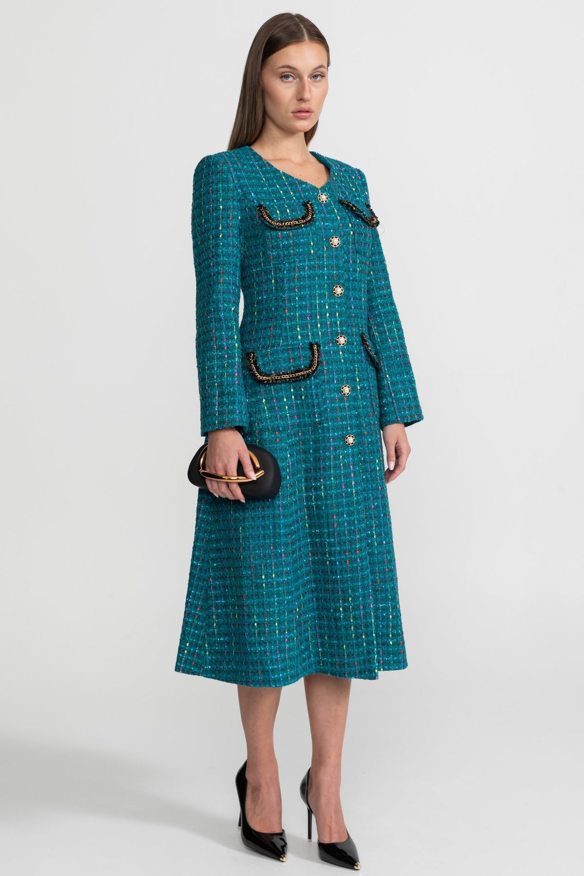 Embellished Tweed Collarless Long Sleeve Chain A-Line Midi Dress - View 3