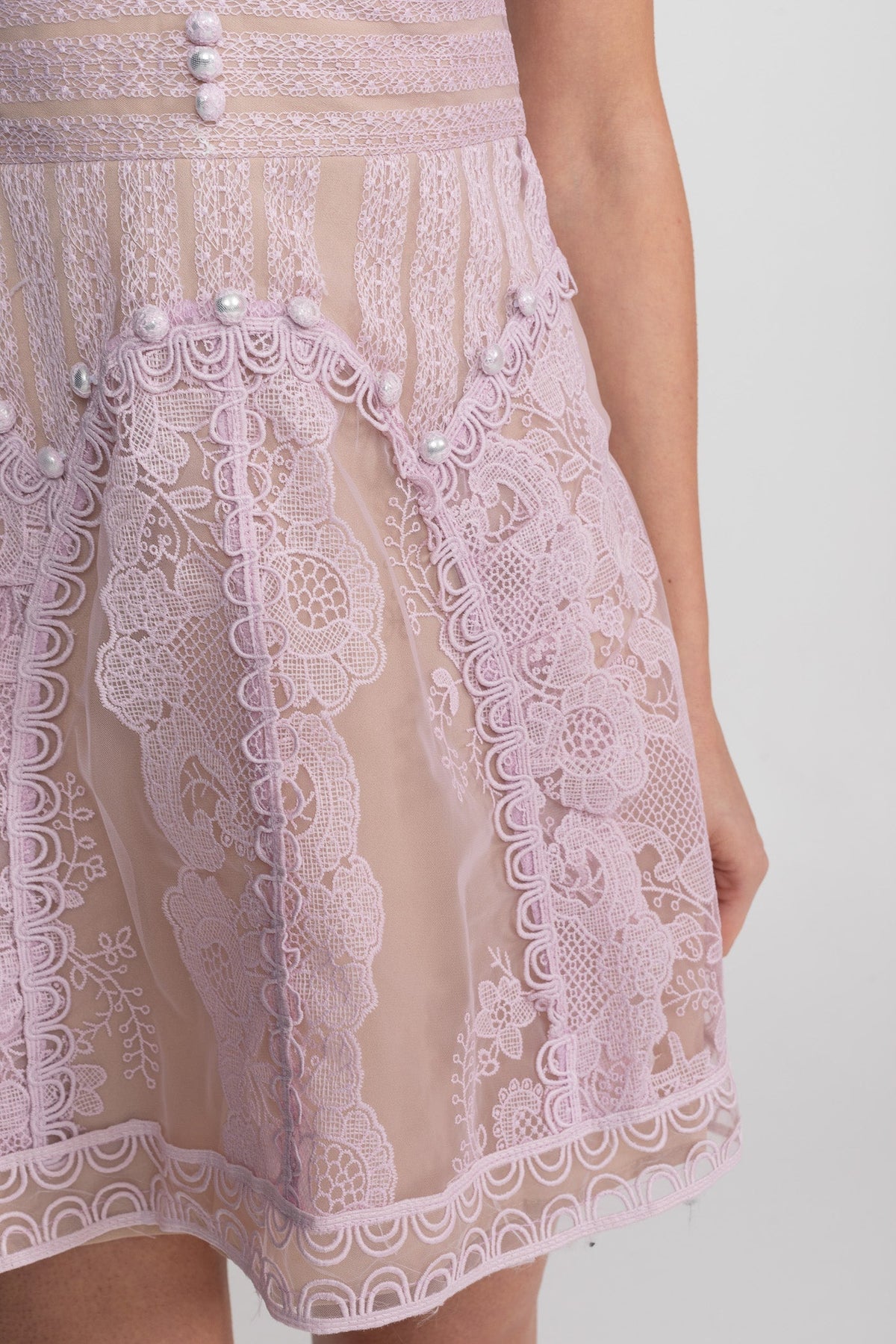 Lace Pearl Trim Sheer Mesh Yoke Cap Sleeve A-Line Mini Dress - View 6
