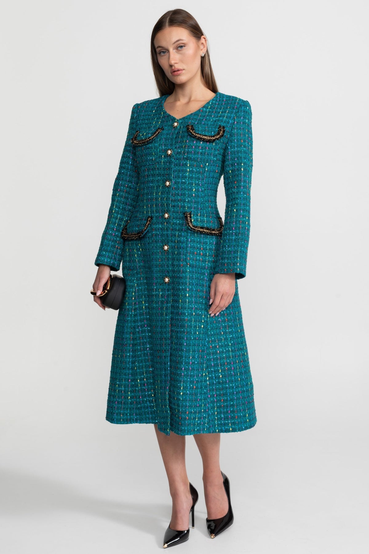 Embellished Tweed Collarless Long Sleeve Chain A-Line Midi Dress - View 2