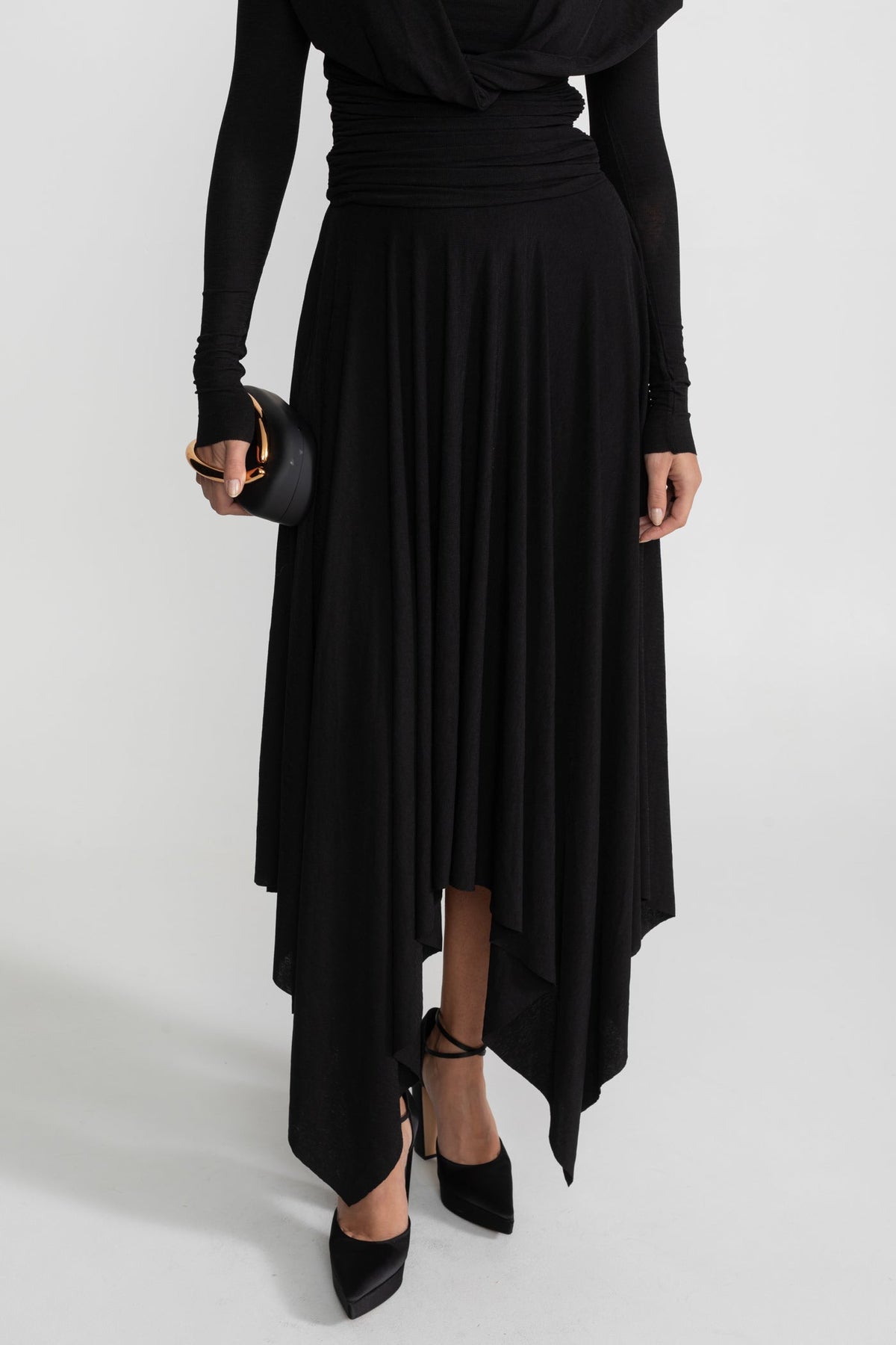 Draped Long-Sleeve Asymmetric Midi Dress – Black - View 6