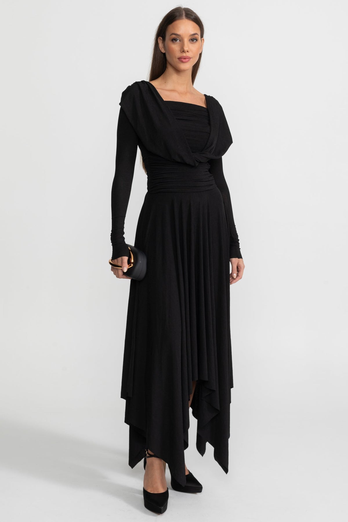 Draped Long-Sleeve Asymmetric Midi Dress – Black - View 2