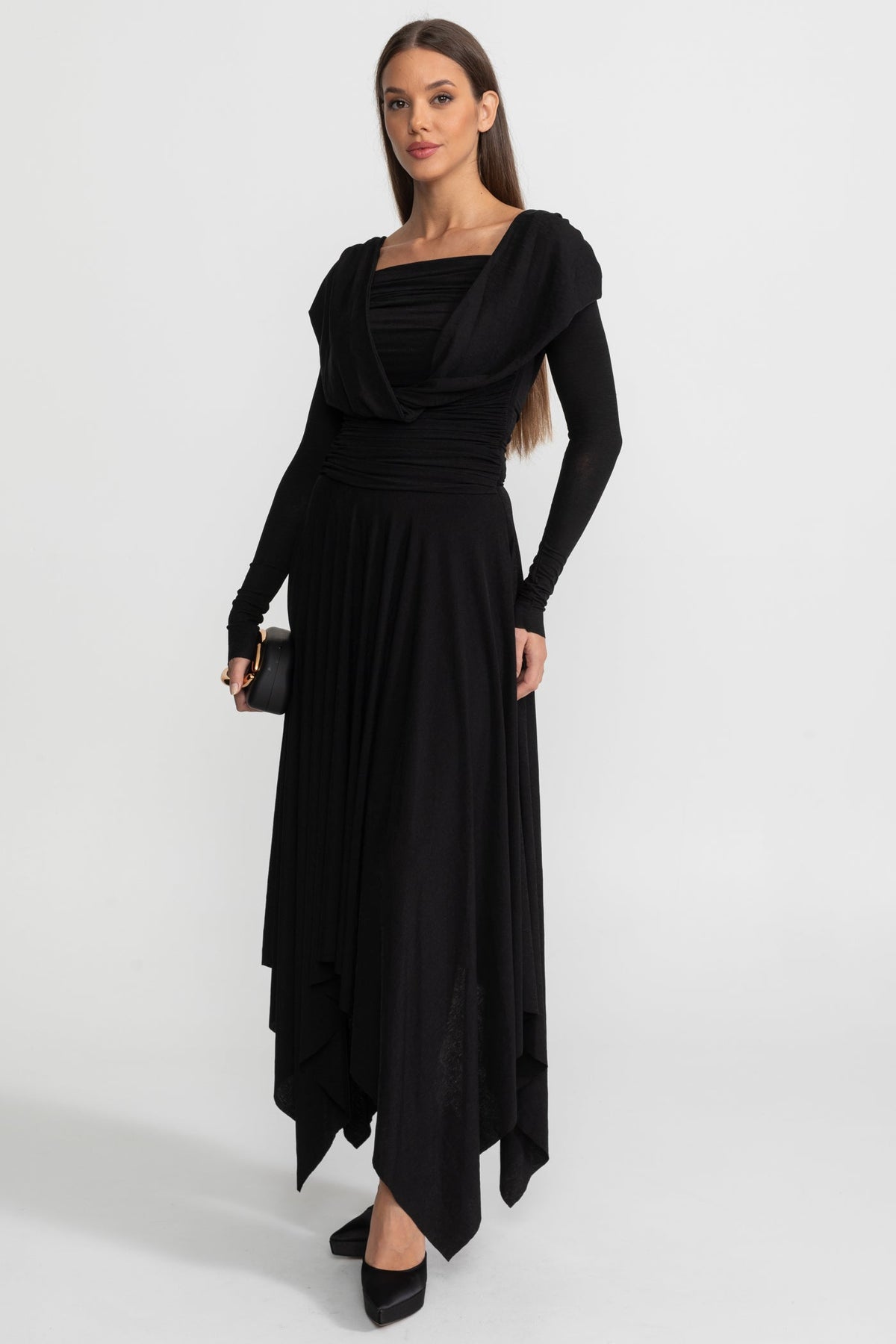 Draped Long-Sleeve Asymmetric Midi Dress – Black - View 4