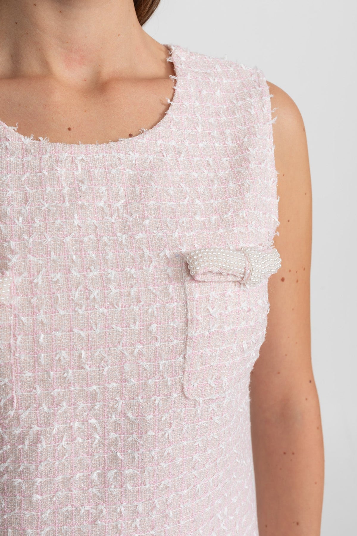 Sleeveless Round Neck Fringed Edge Bow Pocket Tweed Mini Dress - View 8