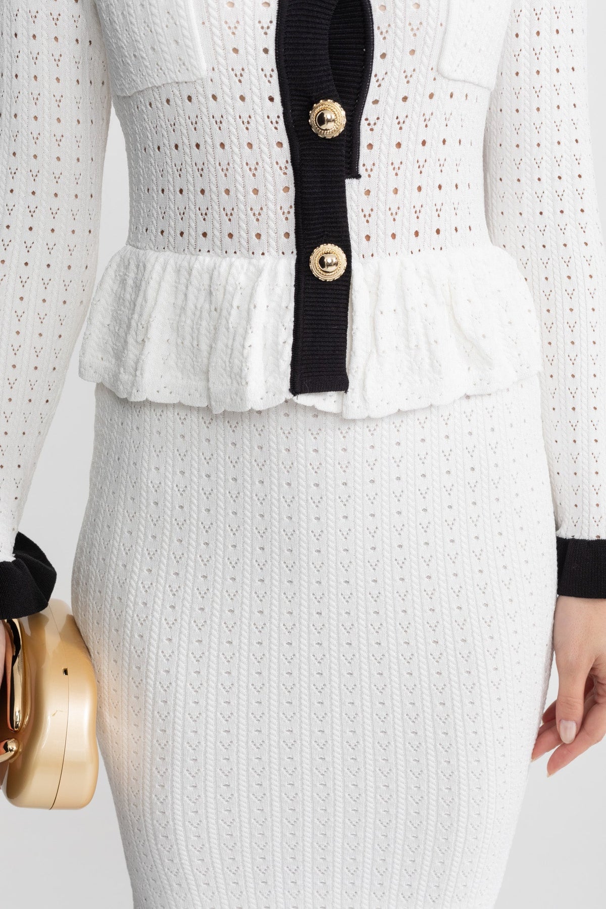 Pointelle Knit Midi Co-Ord with Contrast Trim – White - View 3