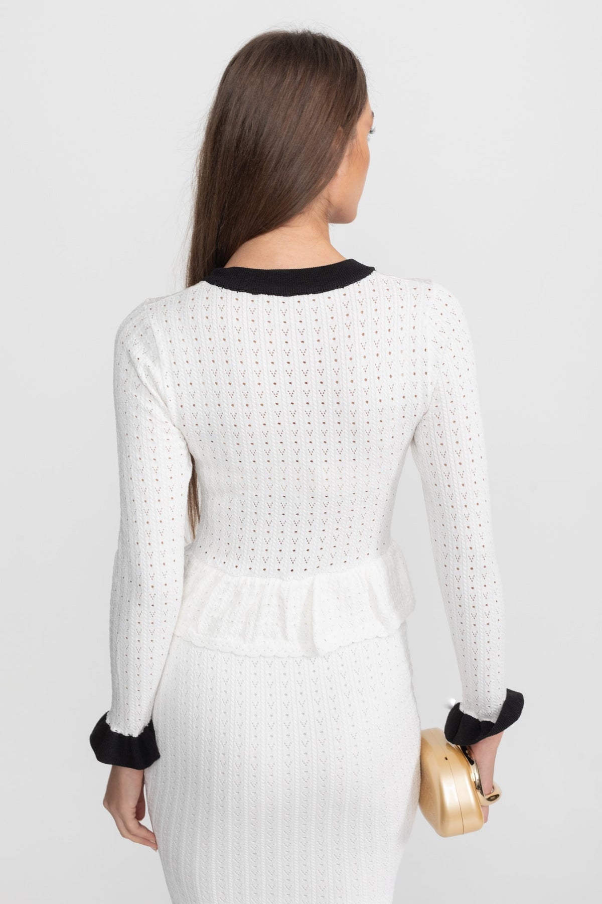 Pointelle Knit Midi Co-Ord with Contrast Trim – White - View 7