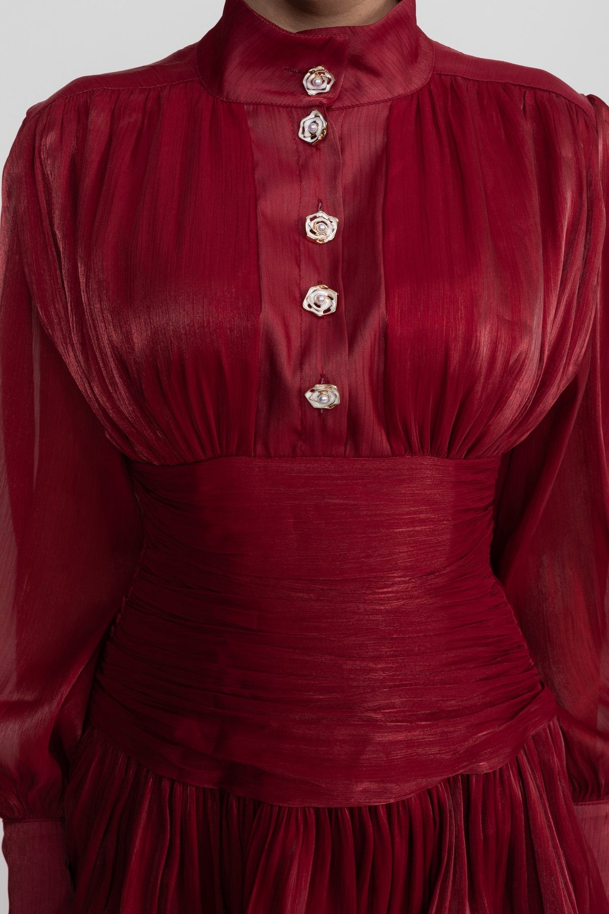 Draped Long Sleeve Mini Dress With Tiered Ruffle Skirt - Red - View 4