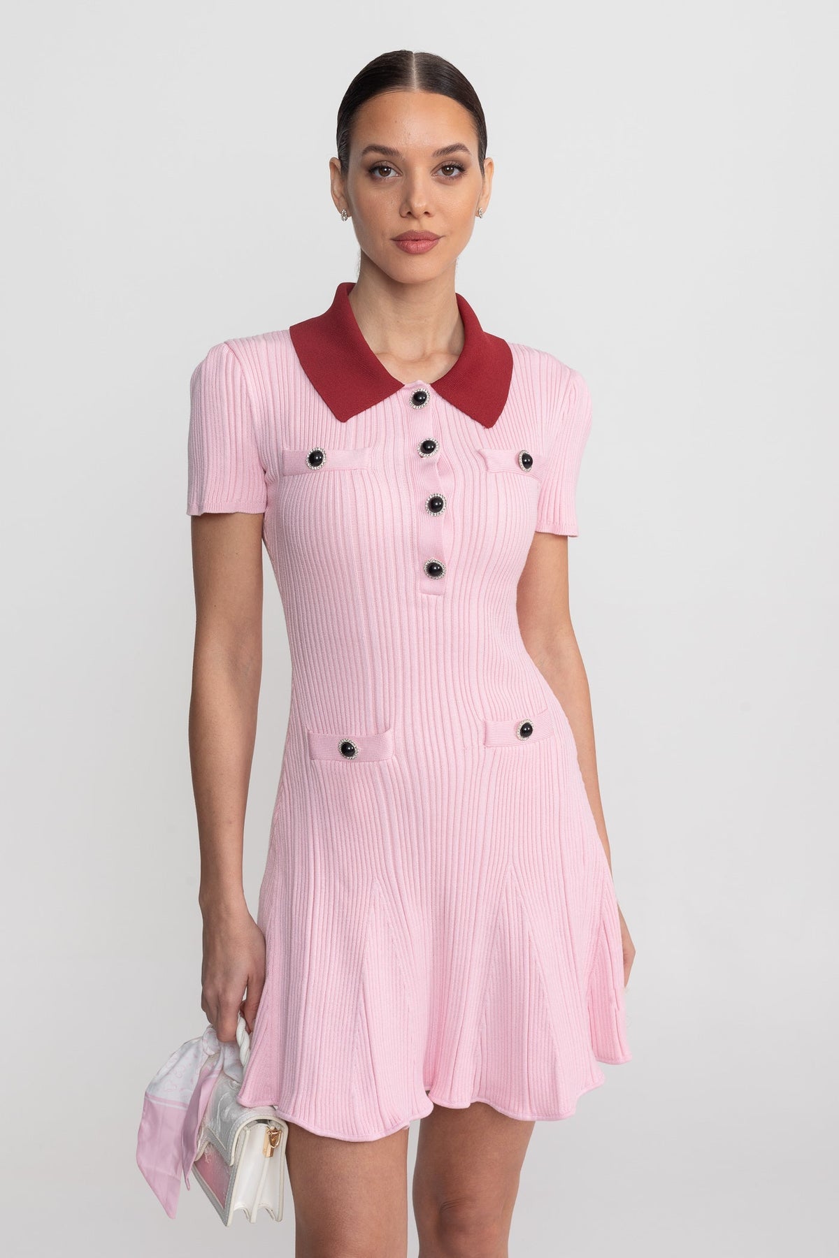 Ribbed Knit Contrast Collar Short Sleeve Button Front Mini Dress - View 5