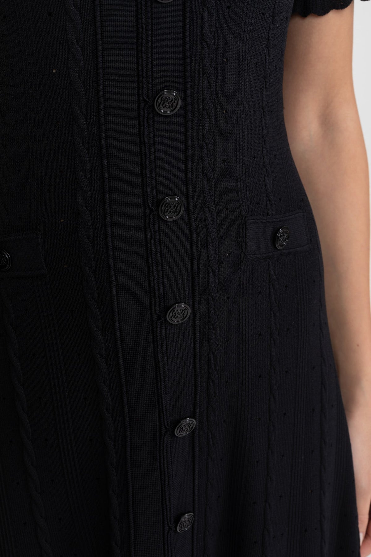 Knit Button-Front Midi Dress with Scalloped Sleeves – Black - View 6