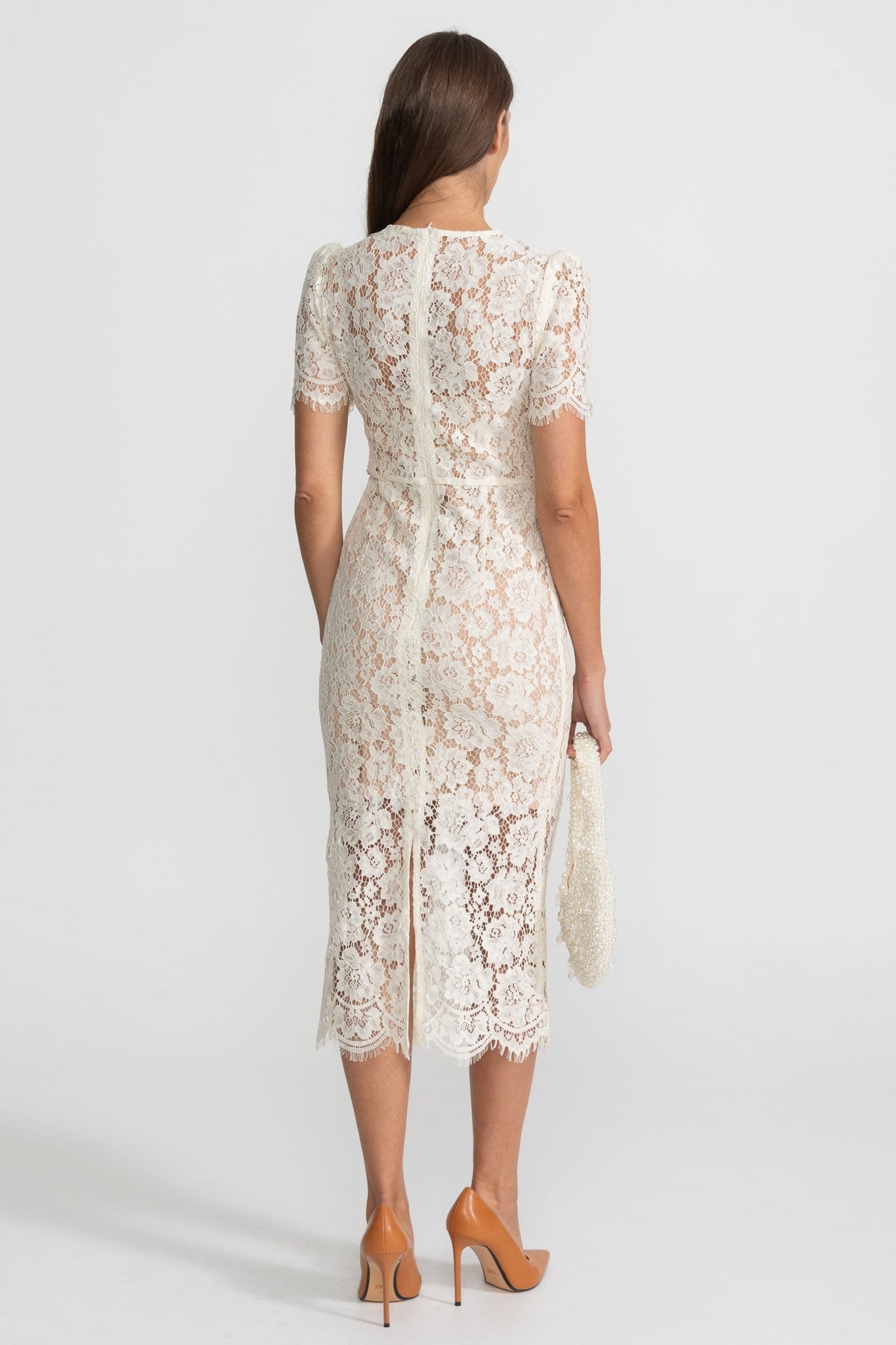 Embellished Lace Midi Dress With Bow Detailing – Ivoire - View 7