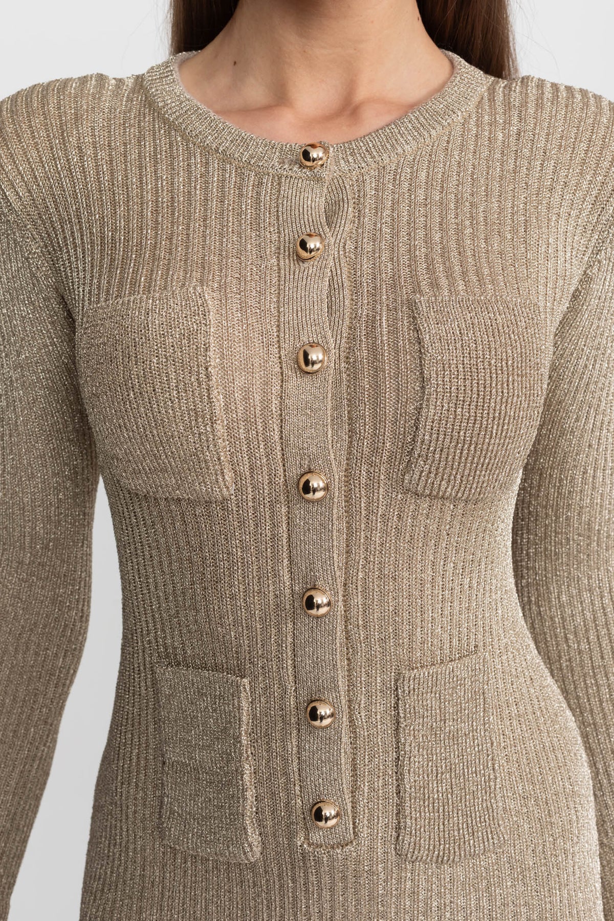 Ribbed Knit Mini Dress with Gold Button Front – Champagne - View 6