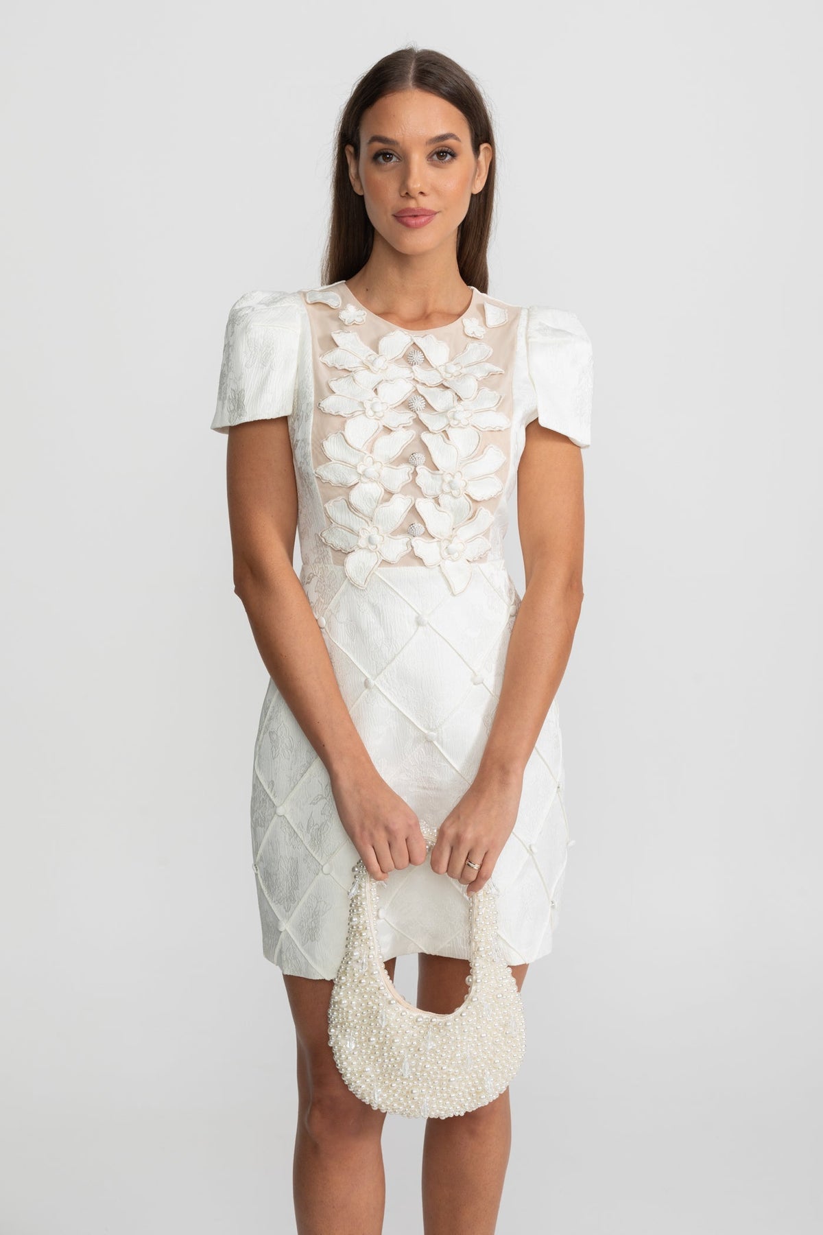 3D Floral Appliqué Mini Dress With Quilted Skirt  – White - View 3