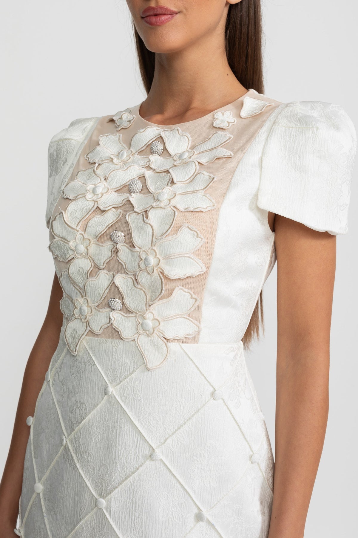 3D Floral Appliqué Mini Dress With Quilted Skirt  – White - View 6