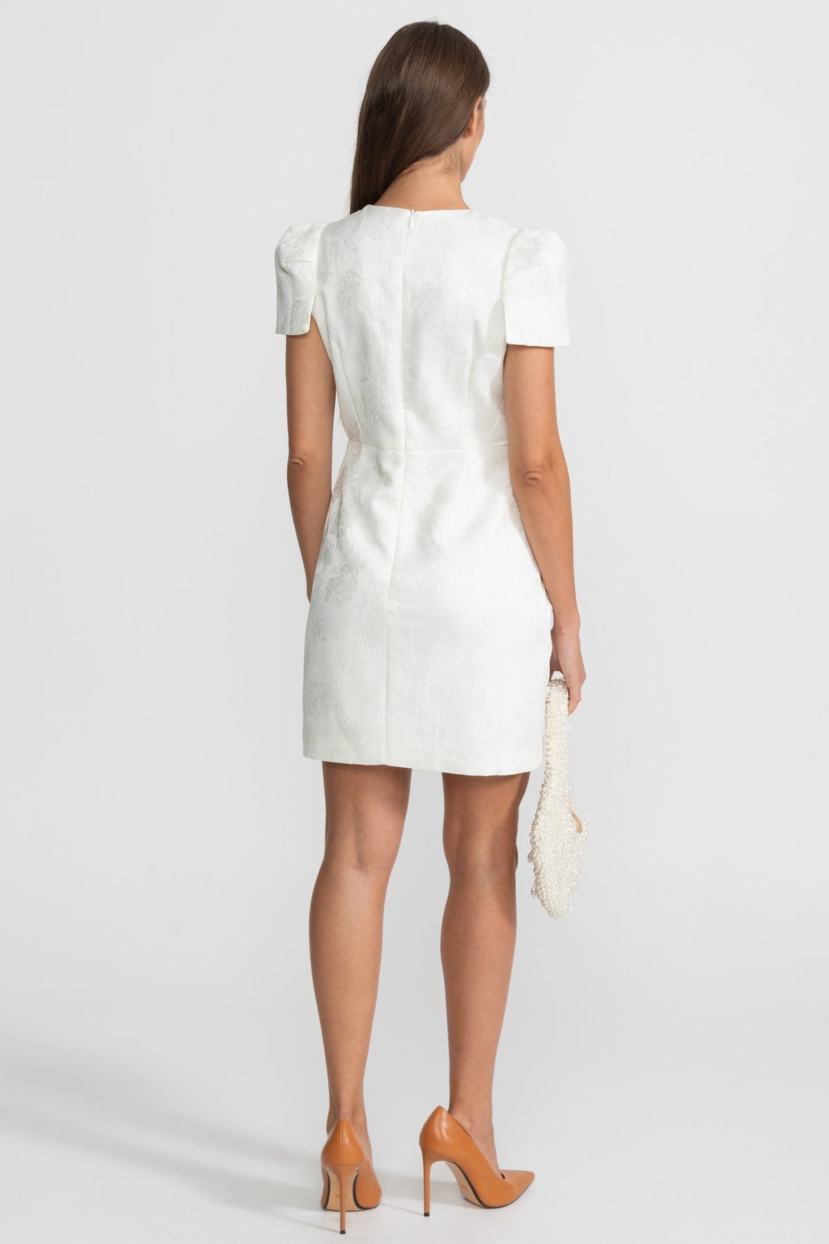 3D Floral Appliqué Mini Dress With Quilted Skirt  – White - View 7