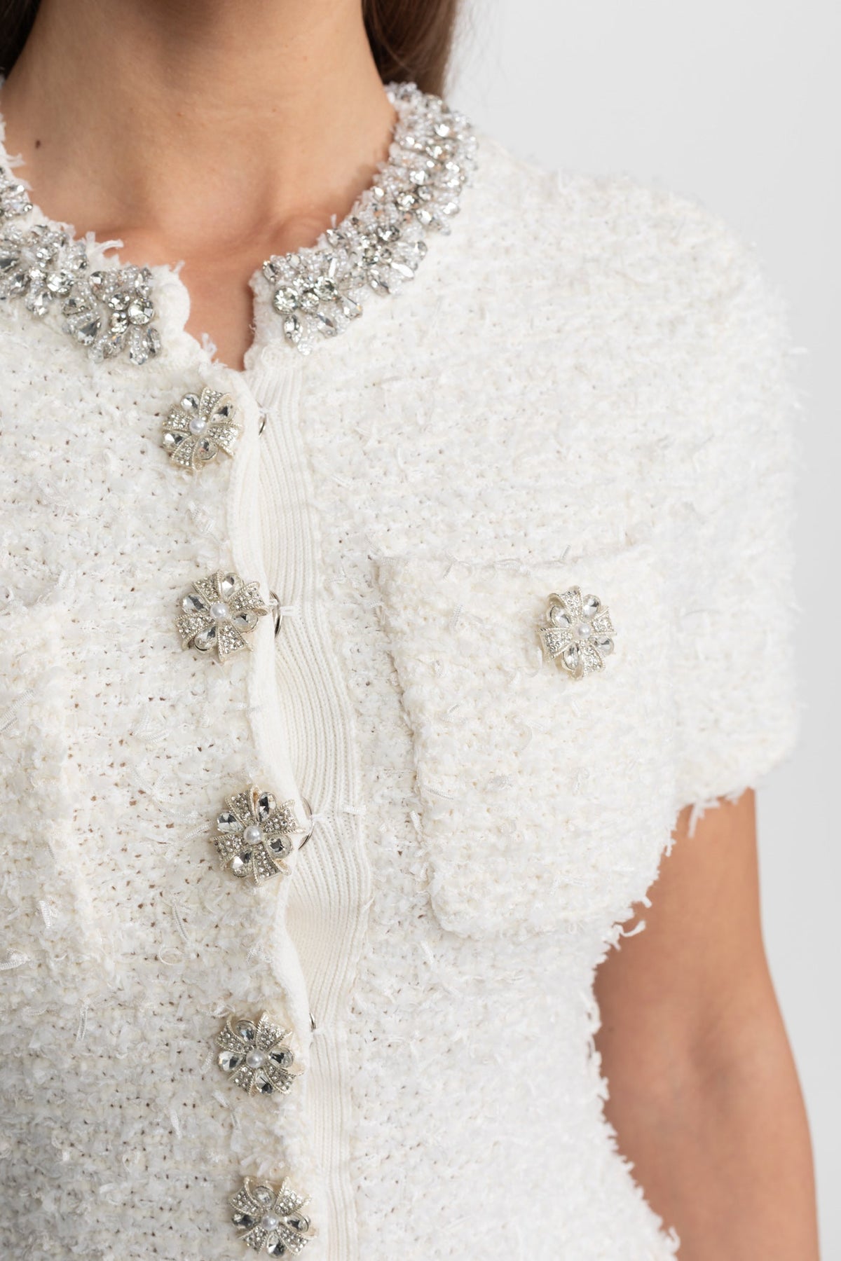 Tweed Rhinestone Collar Crystal Button Patch Pocket Mini Dress - View 3