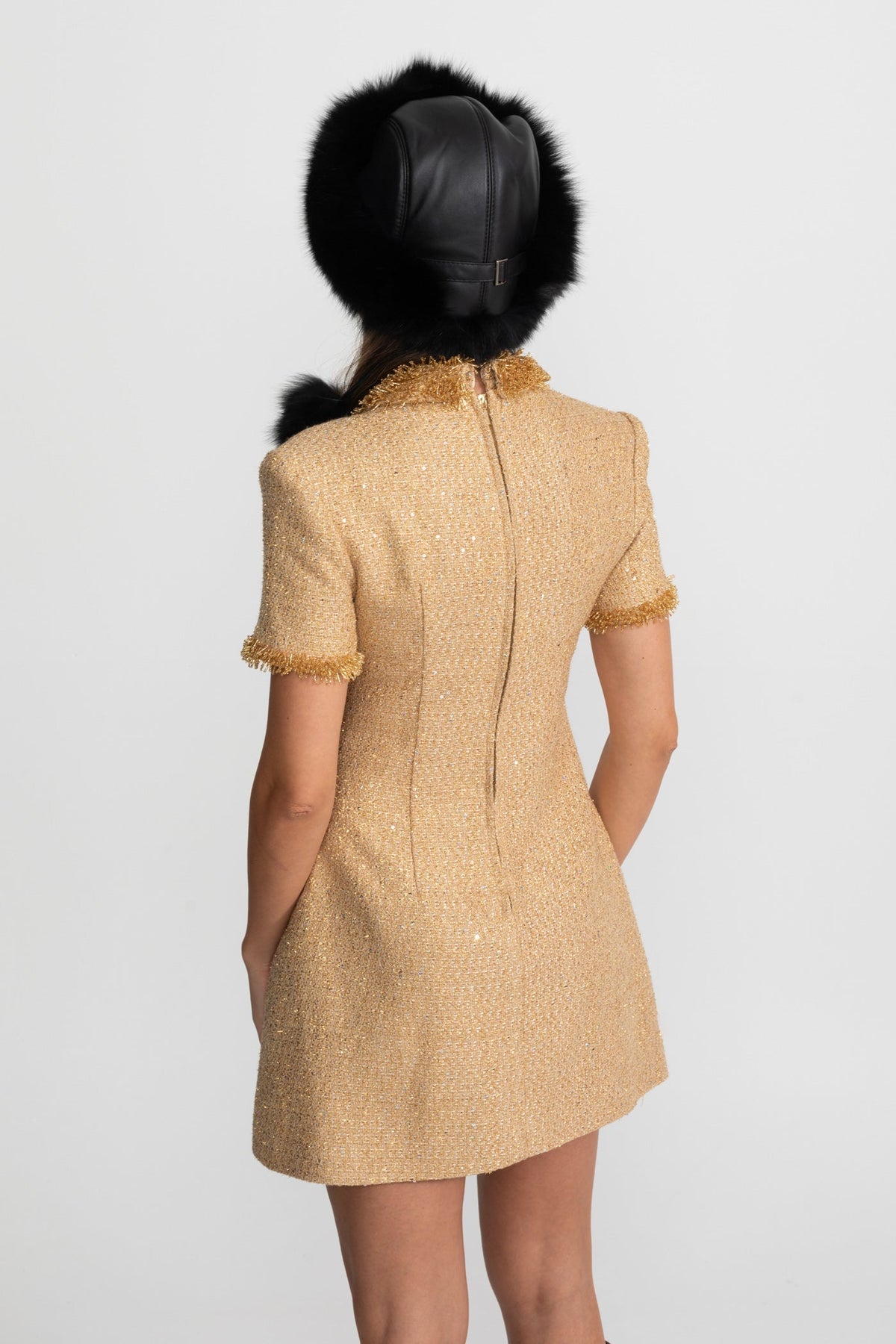 Tweed Short Sleeve Point Collar Metallic Fringe Trim Button Mini Dress - View 5