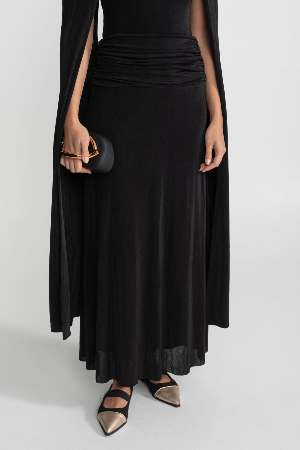 Draped Cape Maxi Dress With Ruched Waist – Black - View 4