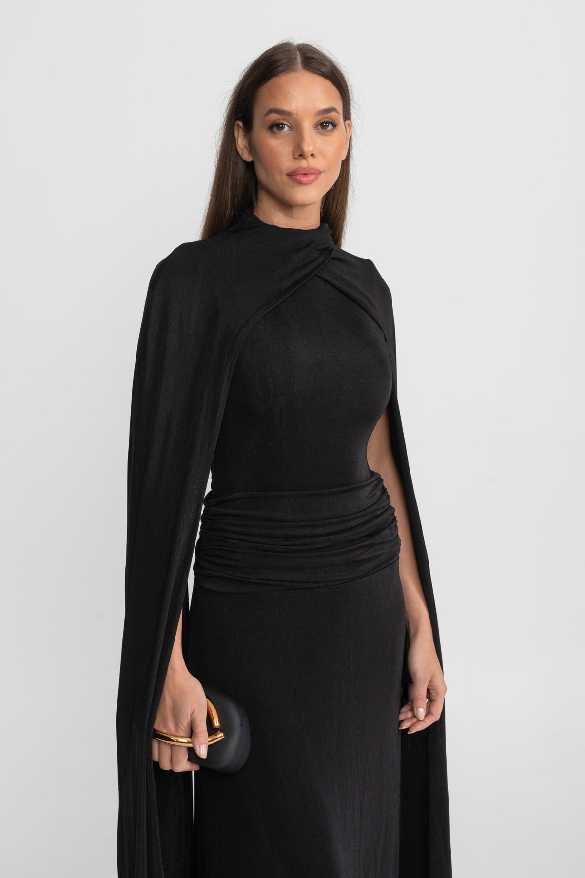 Draped Cape Maxi Dress With Ruched Waist – Black - View 5