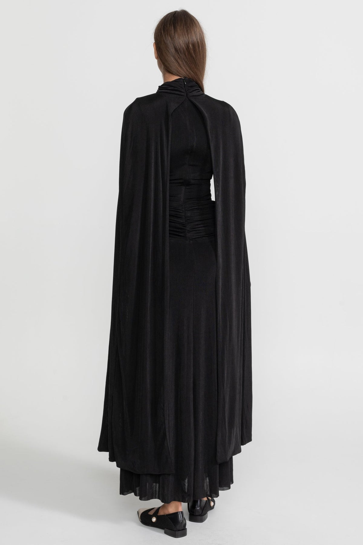 Draped Cape Maxi Dress With Ruched Waist – Black - View 6