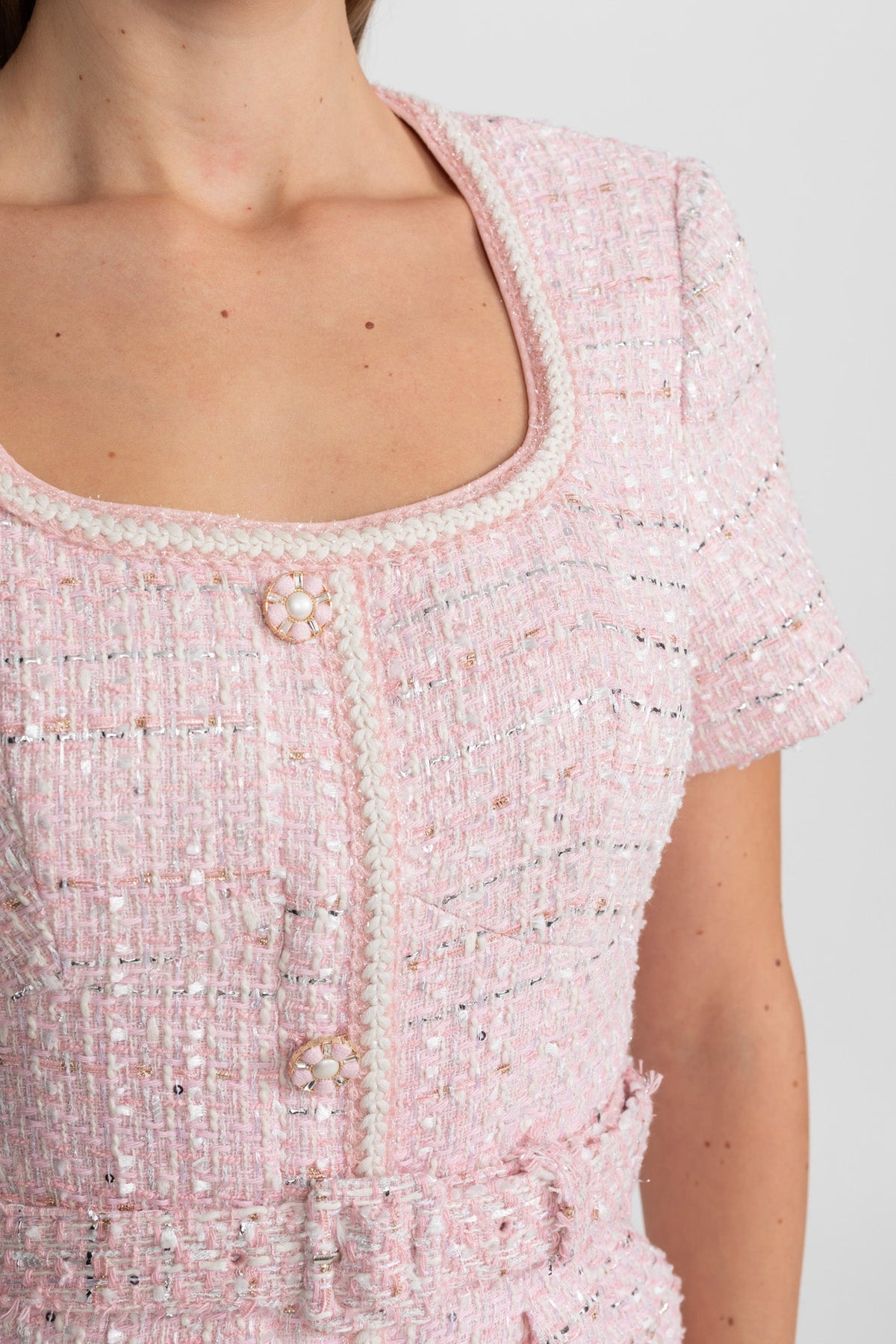 Tweed Square Neck Pearl Trim Button Belt Patch Pocket Mini Dress - View 5