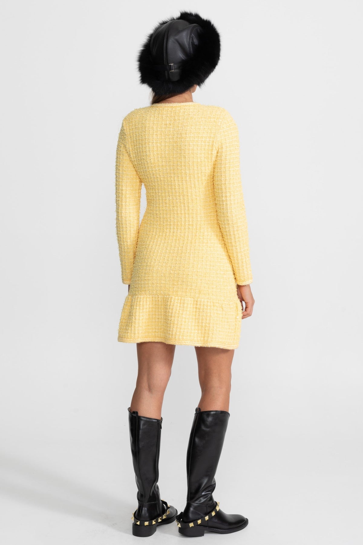 Long Sleeve Crystal Button Four Pocket Tweed Texture Mini Dress - View 8