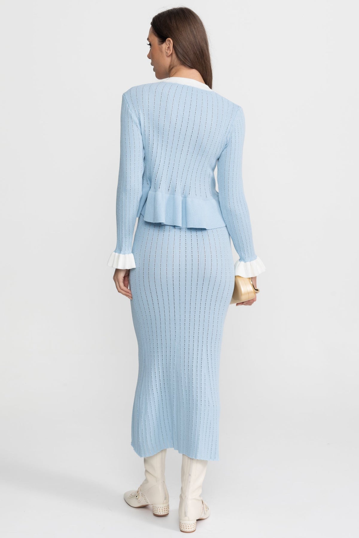 Pointelle Knit Midi Co-Ord with Contrast Trim – Baby Blue - View 11